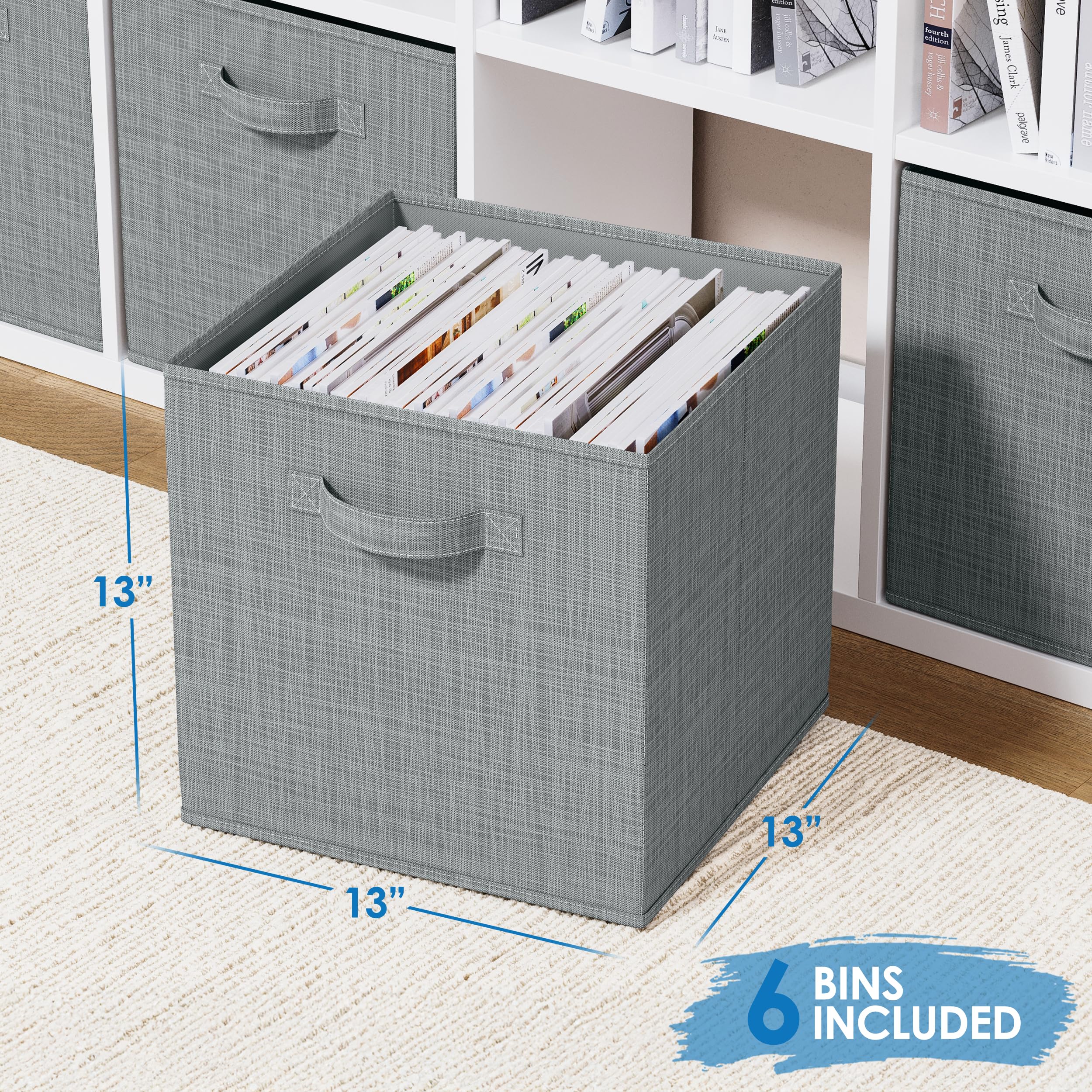 Heavy Duty Fabric Storage Cubes 6-Pack - 13 Inch Cube Organizer Bins, Textured Light Grey Shelving Baskets for Clothes, Toys & Home Organization - Perfect for Closets, Shelves, Cubbies & Nursery Storage