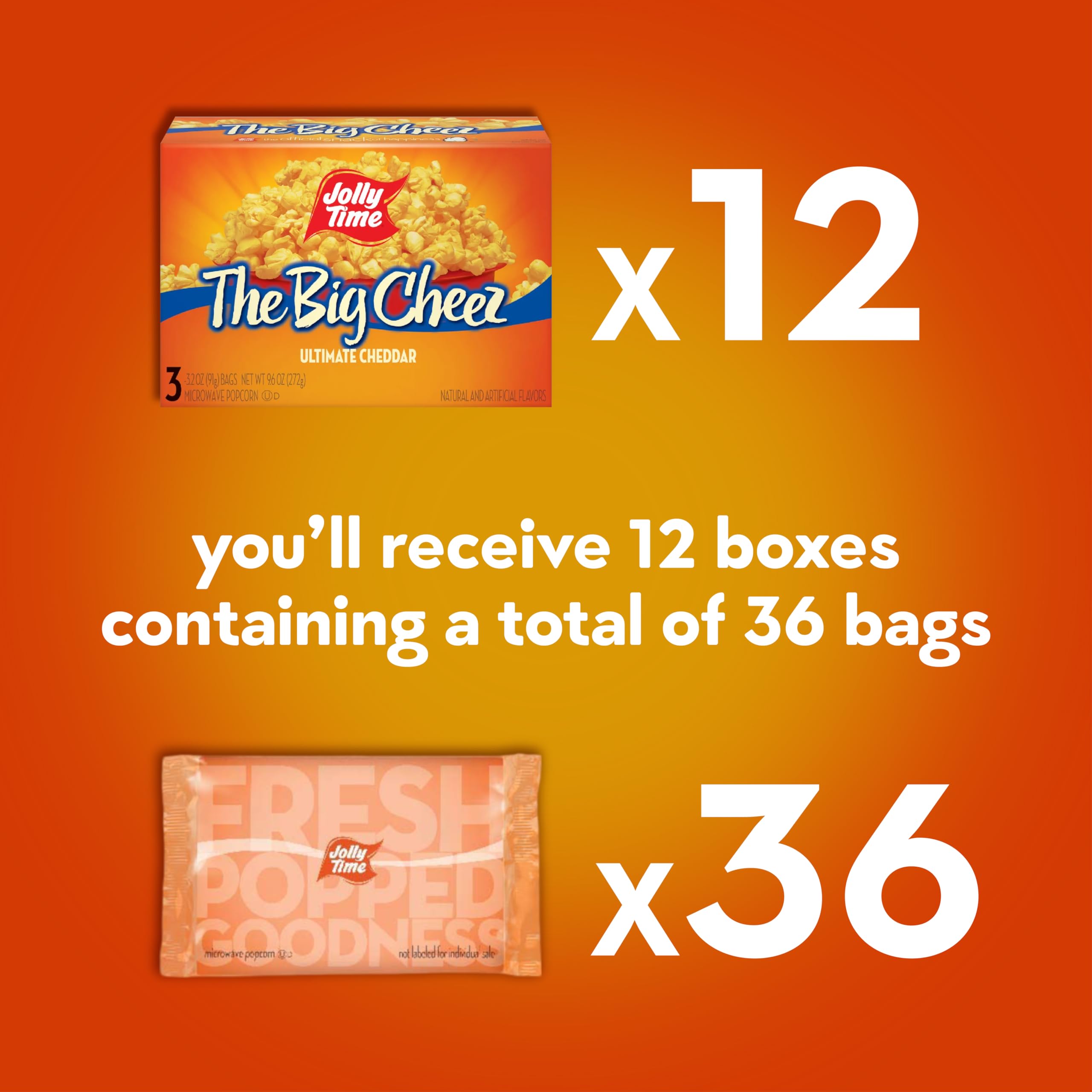 Jolly Time The Big Cheez Cheddar Cheese Microwave Popcorn - 3.2oz Sharing Size (Pack of 36) - Perfect for Movie Nights, Parties & Snacking at Home