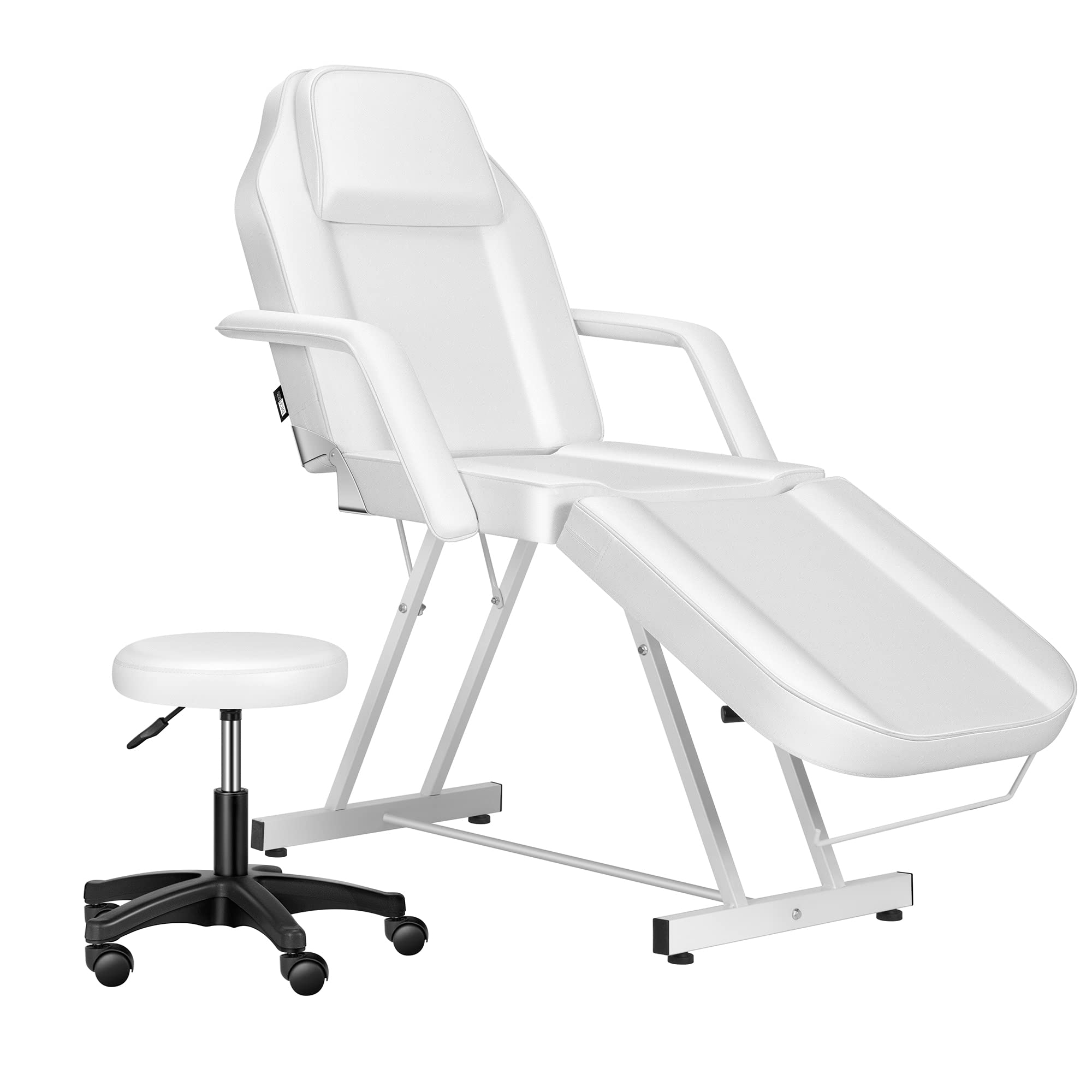 VIVOHOME 2-in-1 Adjustable Massage Table & Tattoo Chair with Spa Stool - Professional Facial Bed for Barber, Beauty Salon, Clinic & Lash Extensions - White | Perfect for Massage Therapy, Tattoo Sessions & Spa Treatments