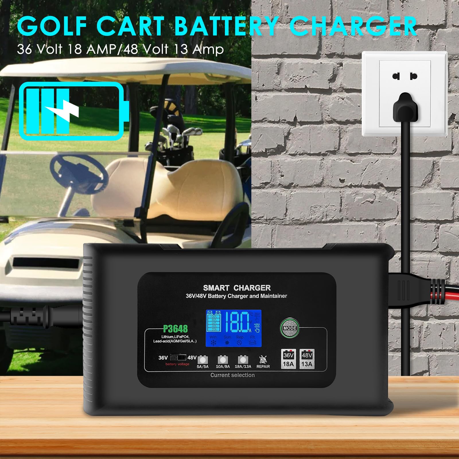 48V/36V Golf Cart Battery Charger for Club Car, EZGO & Yamaha - 13A/18A Smart Charger with Crowfoot Plug - Compatible with Lithium, LiFePO4, Lead-Acid AGM/Gel/SLA Batteries - Perfect for Golf Carts, Electric Vehicles & Marine Applications