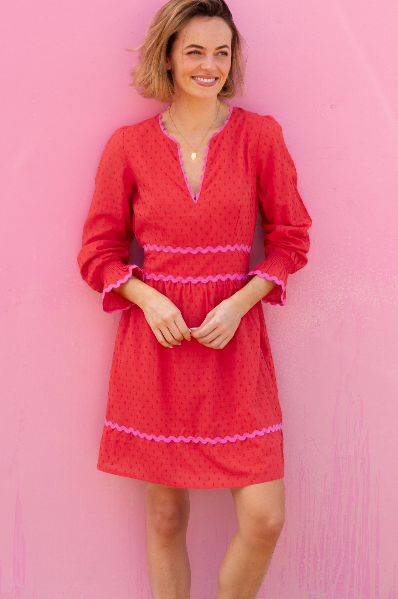 Organic Cotton Ric Rac Dobby Short Dress for Women - Red & Pink Floral Print - Perfect for Summer Outings, Beach Vacations & Casual Wear