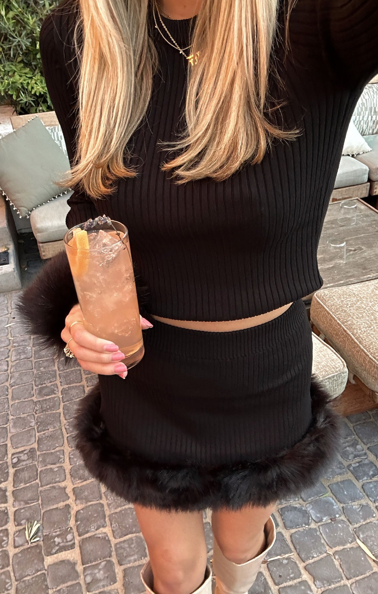 Fran Mini Skirt - Black Knit Faux Fur Trimmed Skirt for Women | Perfect for Parties, Night Out & Winter Fashion