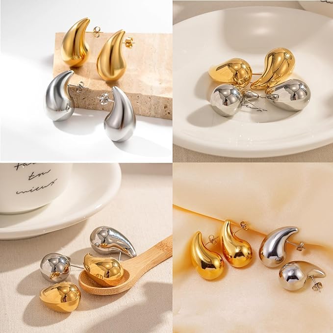 2 Pair Bottega Teardrop Gold Hoop Earrings for Women - 18K Gold Plated/Silver Chunky Hoop Earrings | Lightweight Dangle Earrings, Hypoallergenic Nickel-Free Trendy Jewelry Set | Perfect for Parties, Weddings & Everyday Fashion Accessories