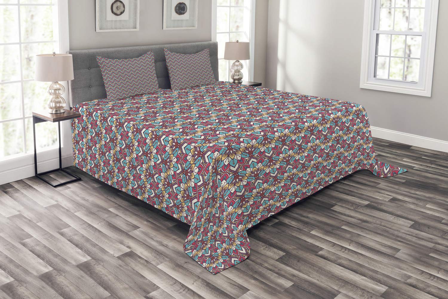 Ambesonne 3-Piece King Size Mandala Bedspread Set with Floral Easter Pattern, Ornate Oriental Design, Decorative Coverlet & 2 Pillow Shams - Multicolor Boho Chic Bedding for Master Bedroom, Guest Room & Dorm Decor