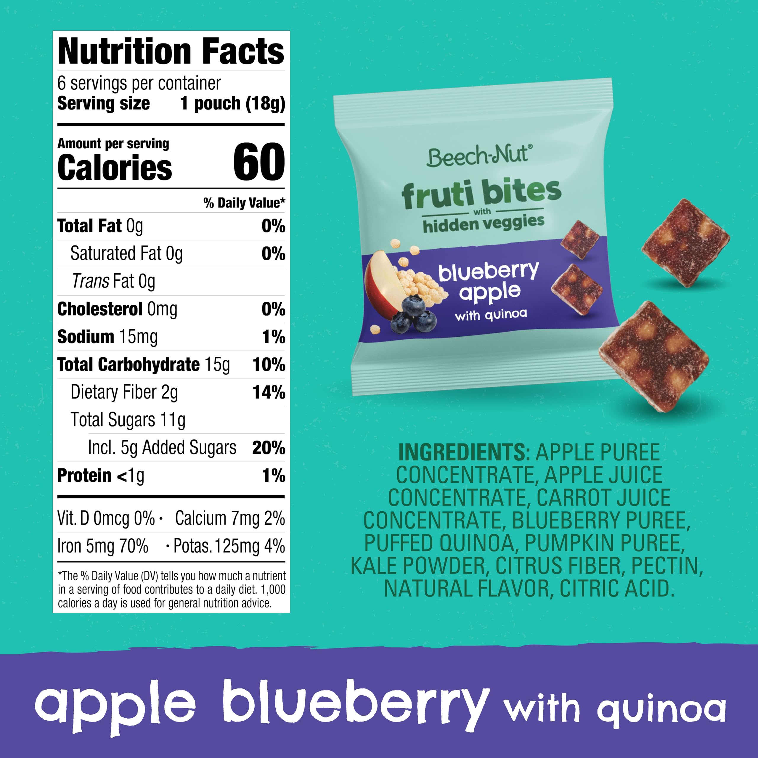 Beech-Nut Toddler Snacks Fruti Bites with Hidden Veggies, Quinoa & Chia - Healthy Fruit Snack Variety Pack for Babies & Toddlers (6 Boxes, 72 Individually Wrapped Packs) - Perfect for On-the-Go, Lunchboxes & Healthy Snacking