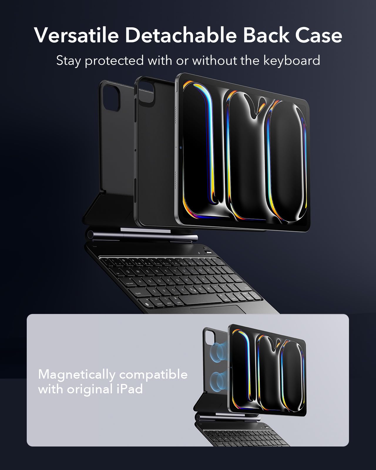 ESR iPad Pro 13 Inch Keyboard Case (2024 M4 Model) - Magnetic Stand with Portrait/Raised Modes, Removable Protective Cover | Rebound 360 Series in Black | Perfect for Work, Study & Travel