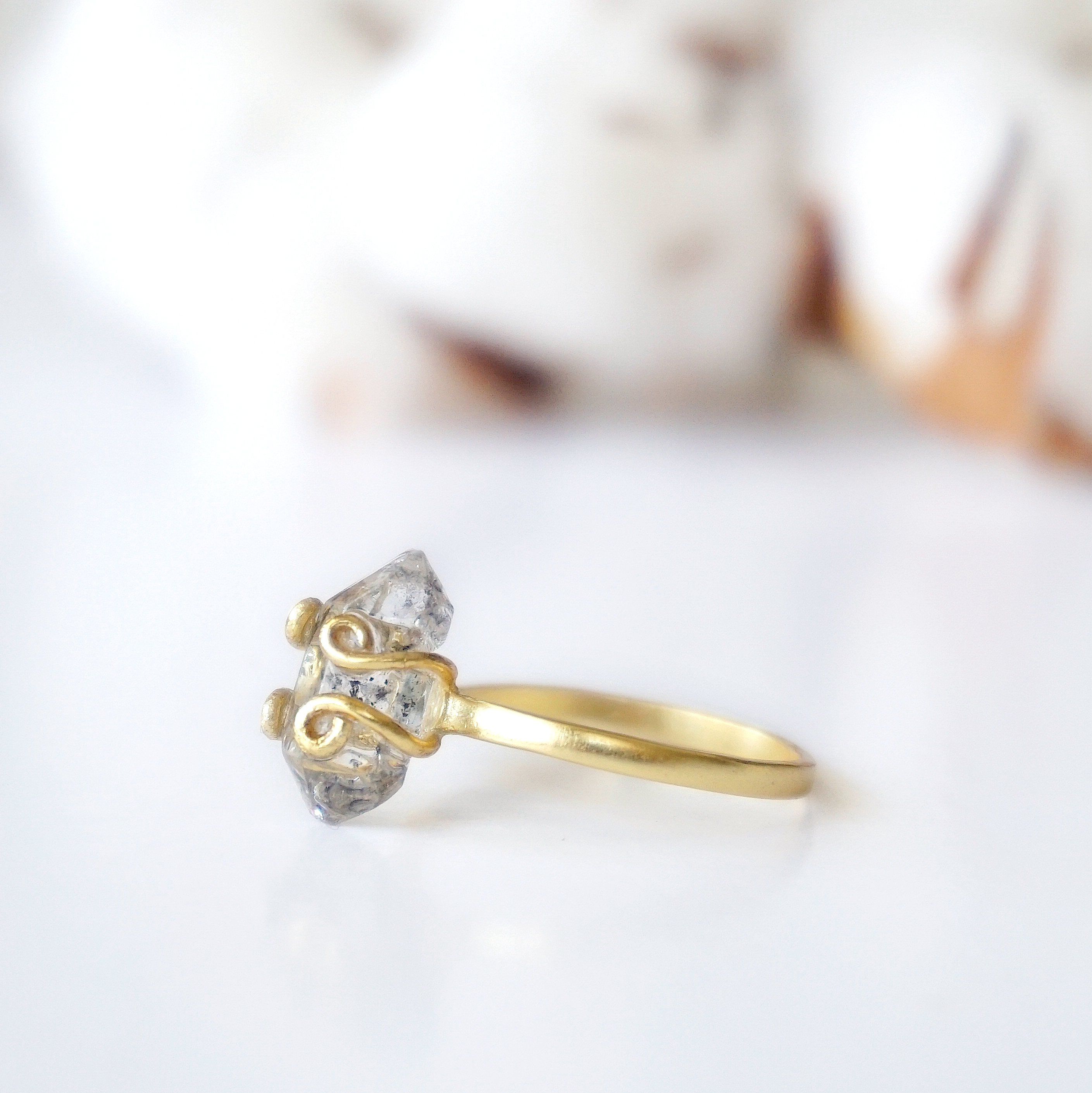 14K Gold Vermeil Adjustable Herkimer Diamond Ring - Elegant Stackable Jewelry for Everyday Wear & Special Occasions