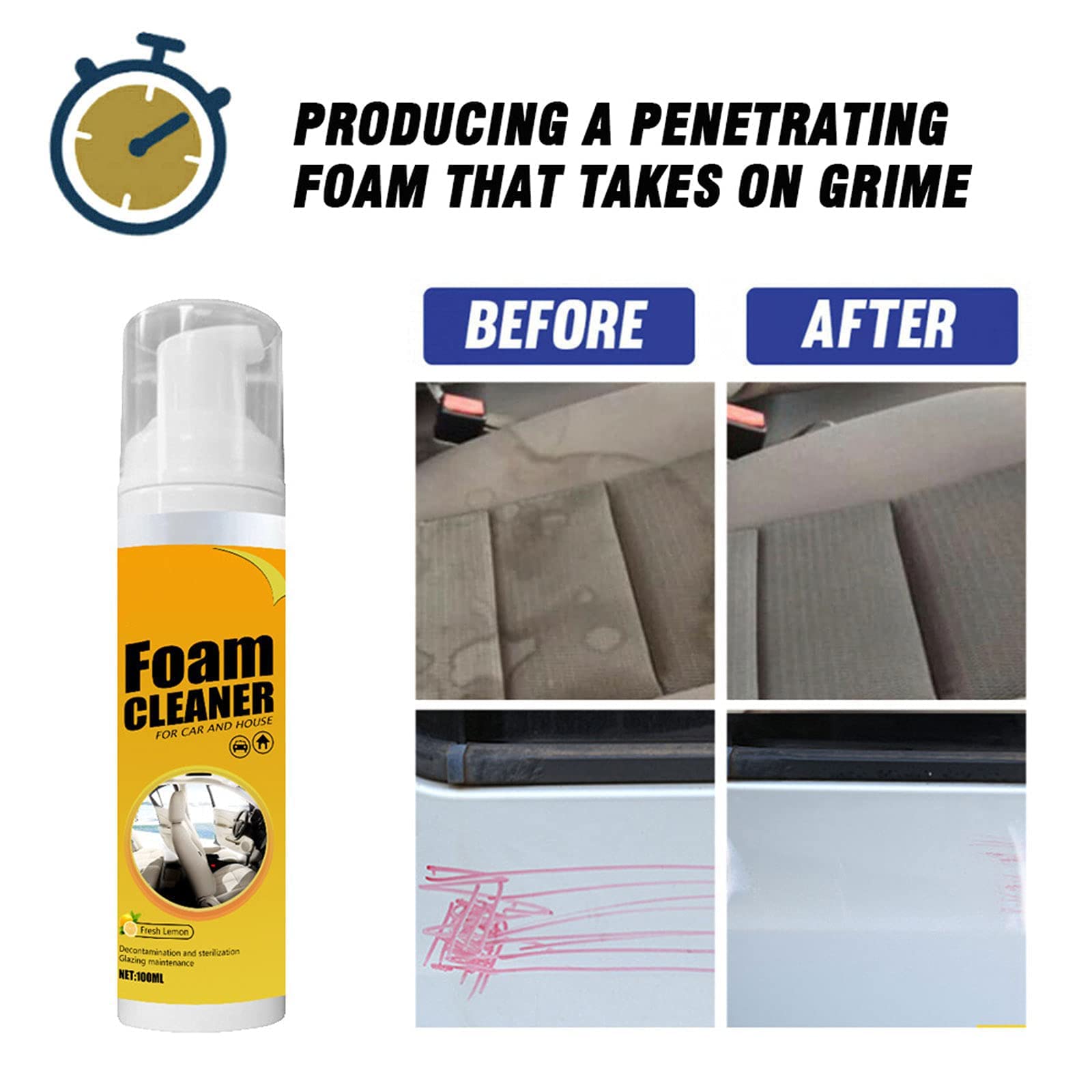 Multipurpose Foam Cleaner Spray - All-Purpose Household & Car Cleaner with Lemon Scent, Strong Degreasing Formula (150ml) | Perfect for Upholstery, Kitchen, Bathroom & Auto Detailing