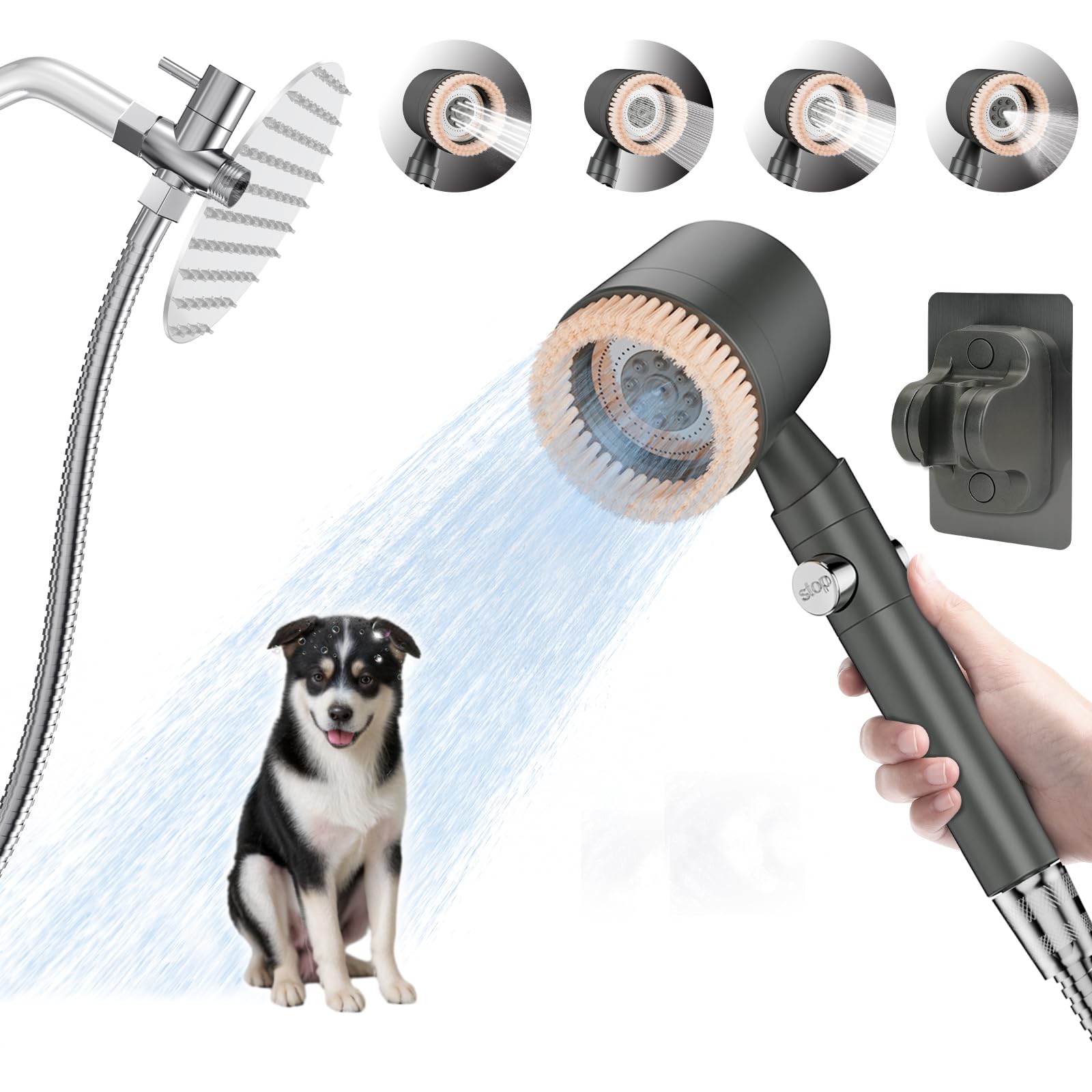 Soft Brush Dog Shower Head Attachment with ON/OFF Button - 5 Spray Modes, Metal Diverter, 6.5ft Stainless Steel Hose & Adhesive Shower Holder - Perfect for Bathing Pets Indoors & Grooming Dogs at Home