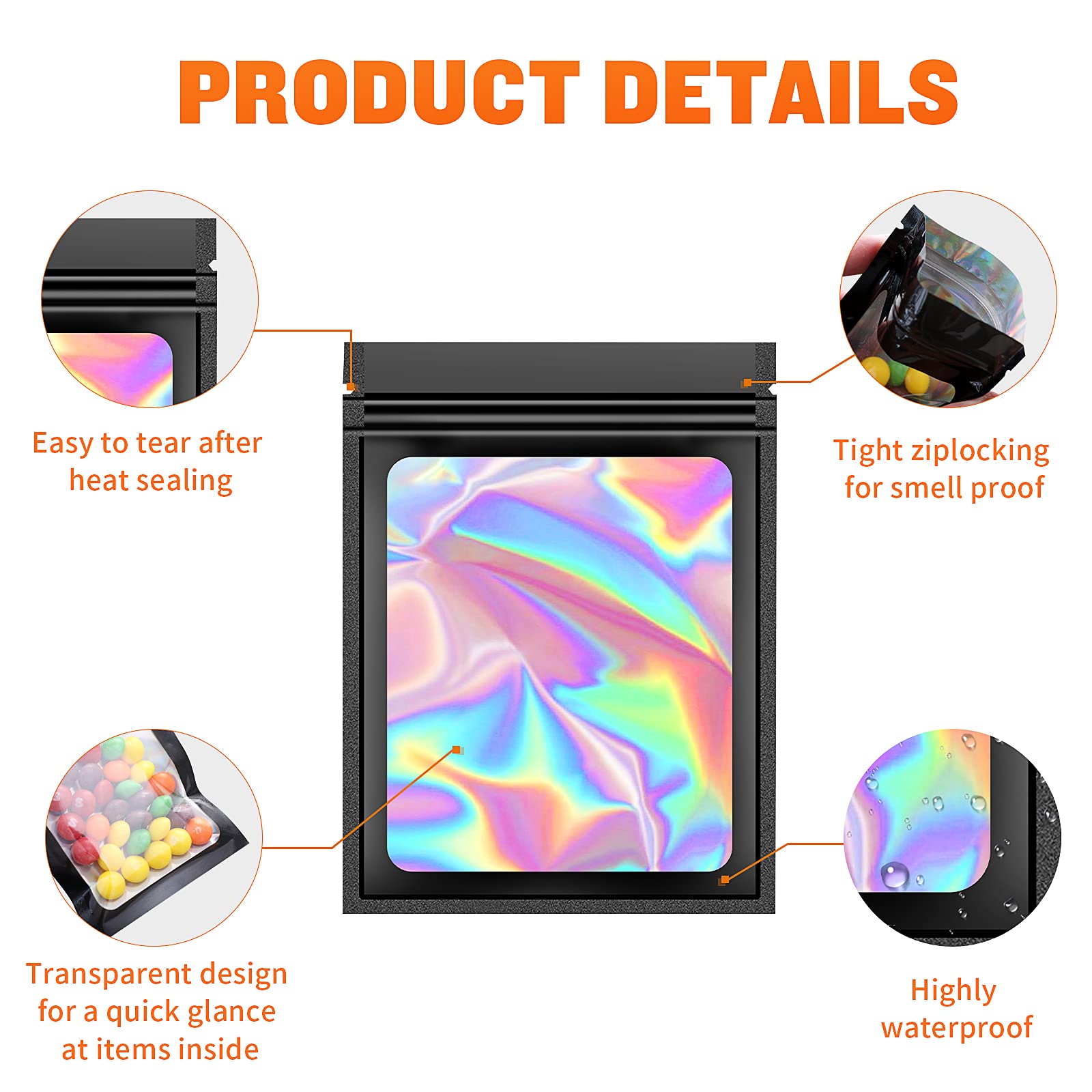 100 Pieces Resealable Mylar Bags - Small Holographic Smell Proof Storage Bags for Food, Jewelry, Eyelash Extensions | 2.4x4 Inch | Perfect for Small Business & Home Organization (Red)
