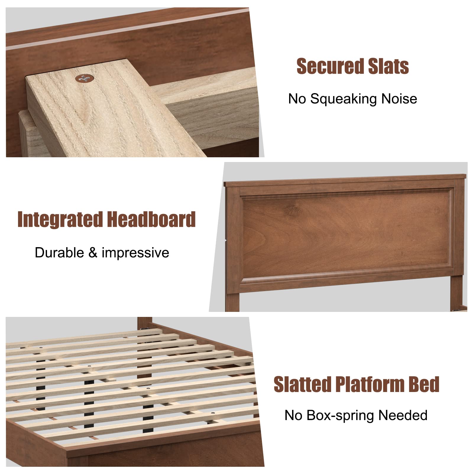 KOMFOTT Full Size Wood Platform Bed Frame with Headboard - Mid Century Modern Walnut Bed with Slat Support & Under Bed Storage - No Box Spring Needed - Perfect for Small Bedrooms, Guest Rooms & Apartments