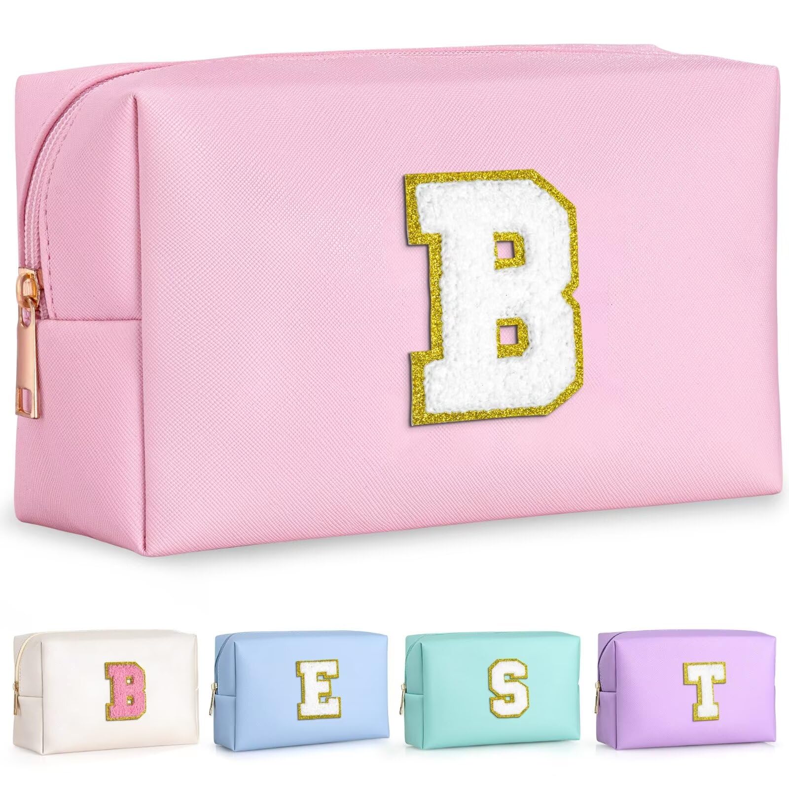 TOPEAST Preppy Patch Makeup Bag - Chenille Letter Cosmetic Pouch, Waterproof PU Leather Toiletry Bag for Women | Personalized Birthday Gift for Girls, Teens & Women | Perfect for Travel, Gym & Daily Use (Pink B)