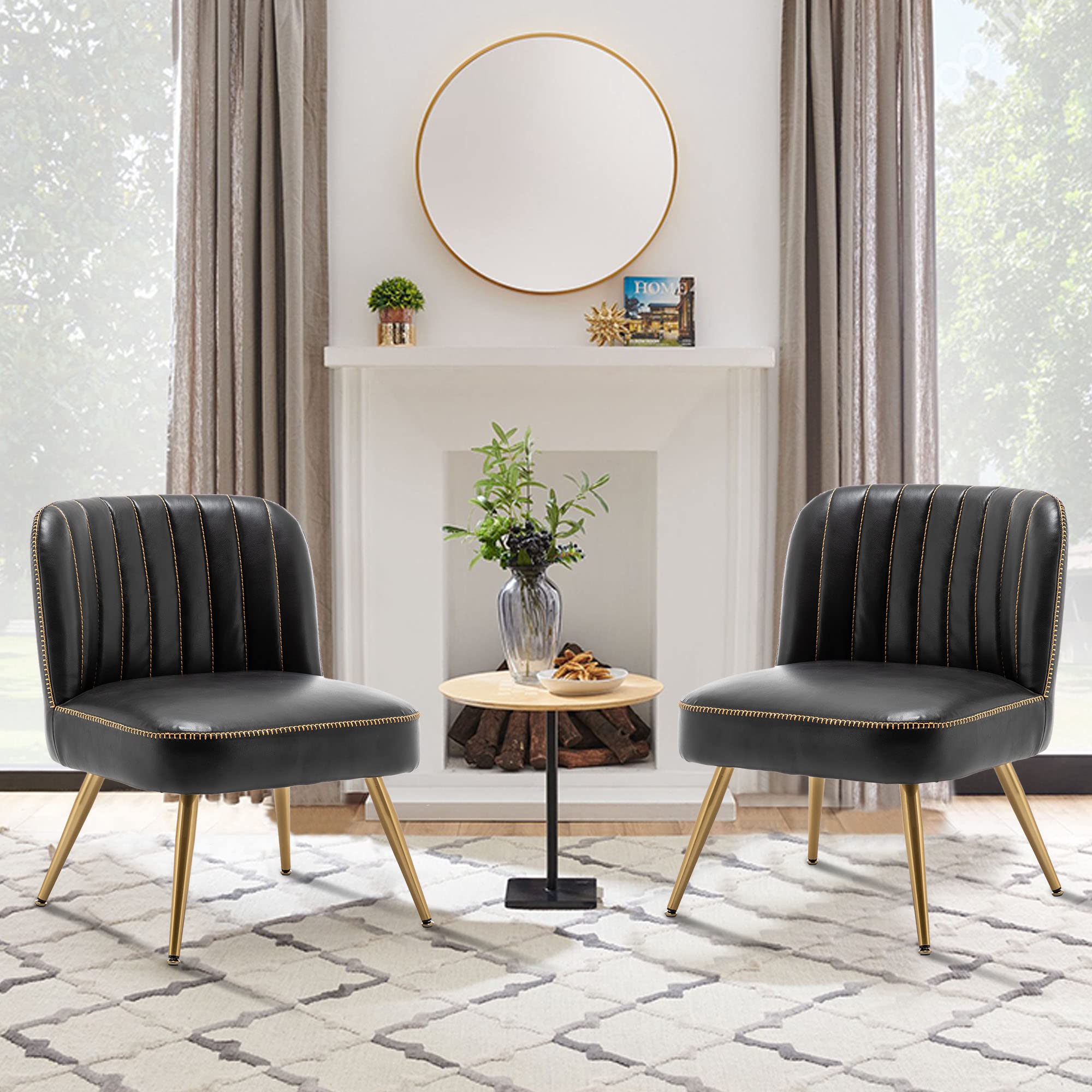Andeworld 2-Piece Modern Accent Chair Set - Upholstered Leather Living Room Chairs, Elegant Armless Small Side Club Chairs with Golden Legs for Bedroom, Office or Lounge - Black