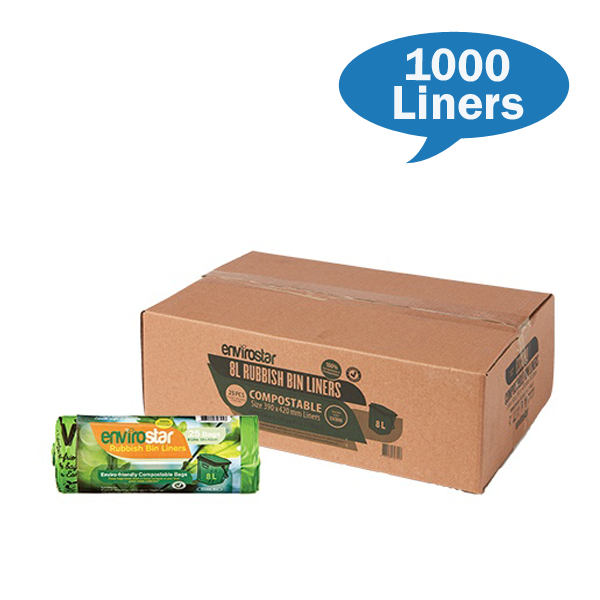 Eco-Friendly Envirostar 8L Compostable Trash Bags - 18 Micron Thick - Perfect for Kitchen, Office & Biodegradable Waste Disposal
