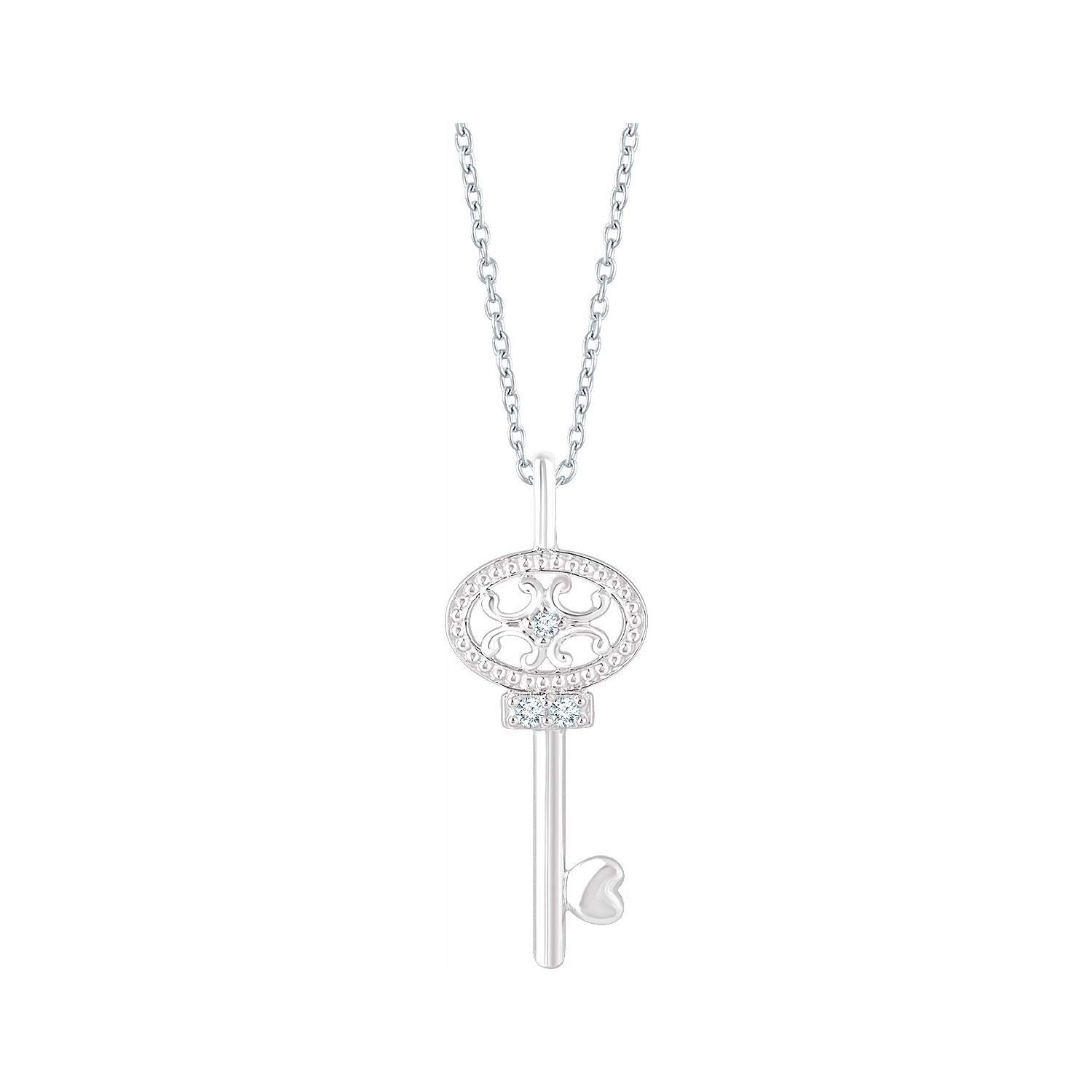 925 Sterling Silver .03 CTW Diamond Key Pendant Necklace - 18 Inch Women's Jewelry Gift for Birthday, Anniversary & Special Occasions