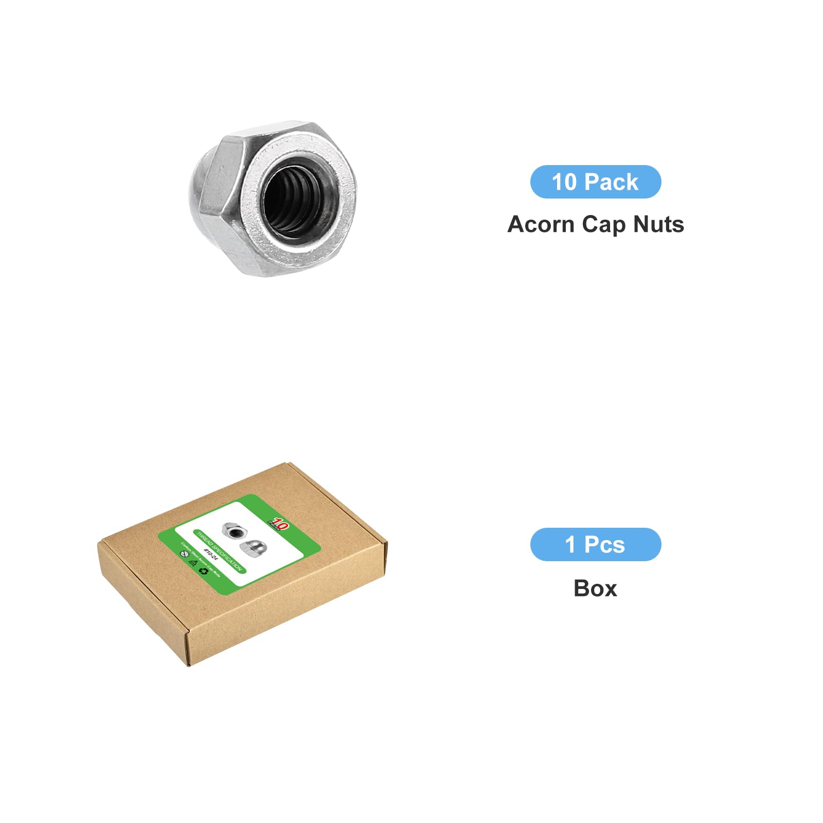 #10-24 Acorn Cap Nuts, 10Pcs Carbon Steel Dome Head Nuts with Nickel Plating - Bolt Cover Hardware for Furniture, Automotive & DIY Projects - Silvery Finish