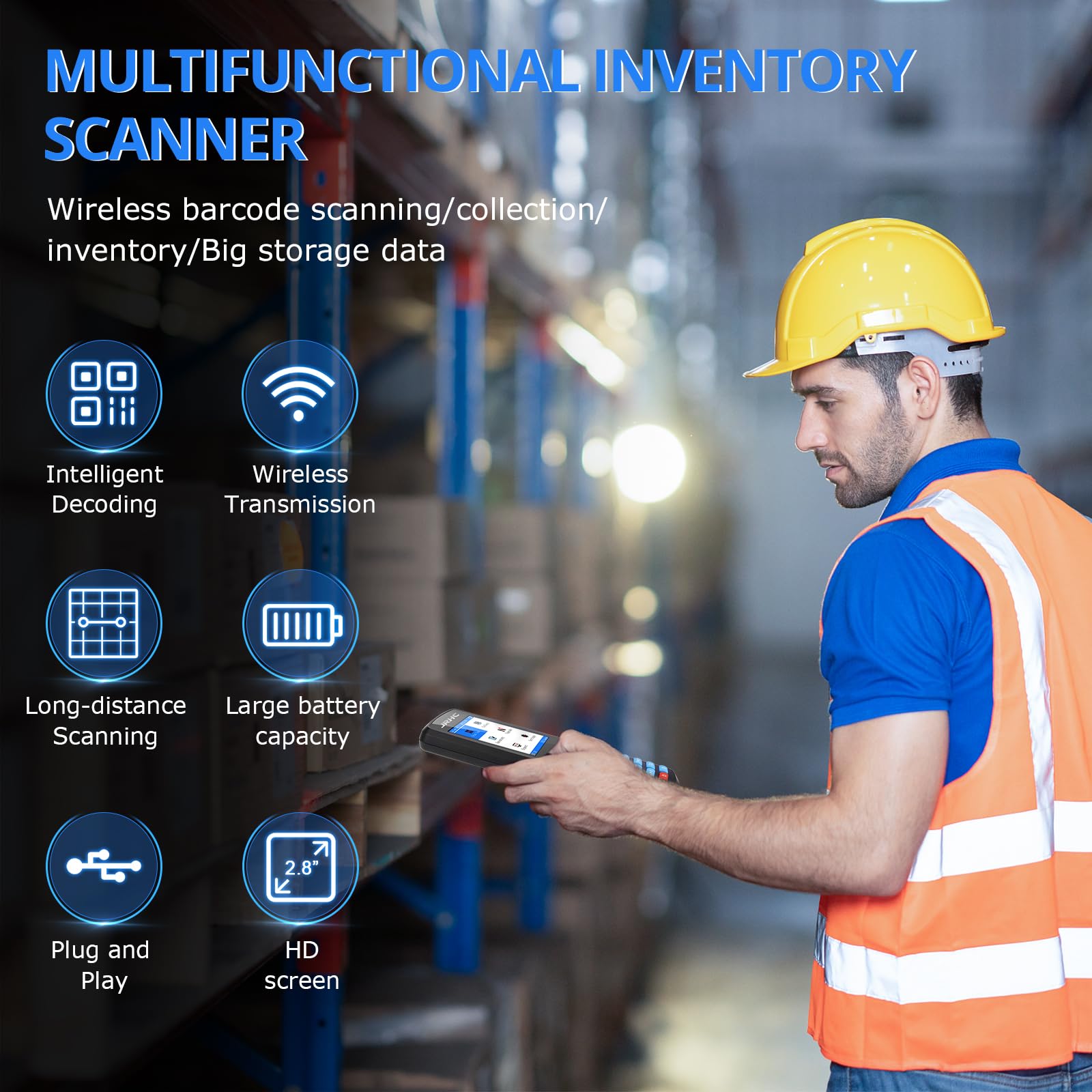 JRHC 1D 2D Wireless Barcode Scanner - Portable Inventory Management Device with 2.8