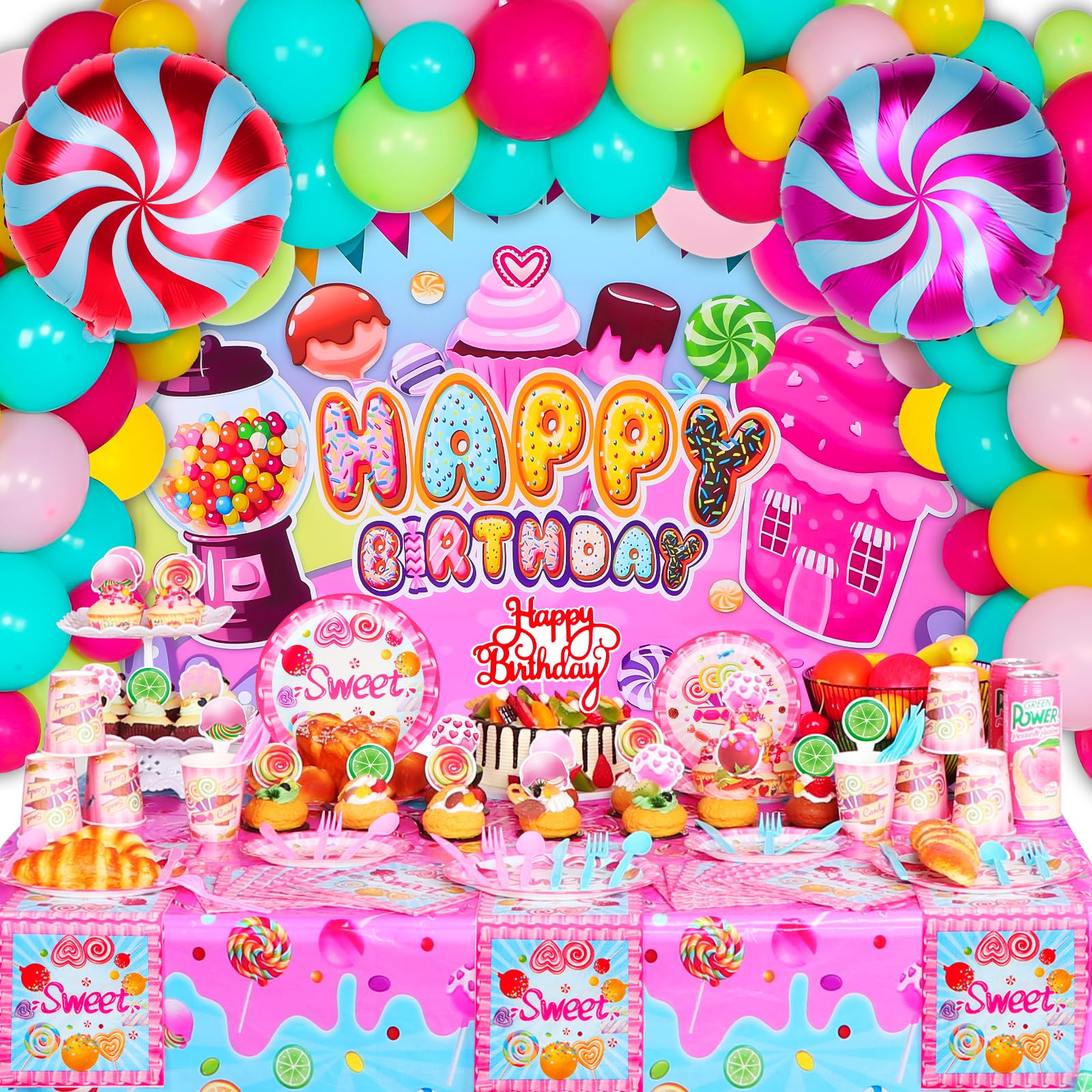 206-Piece Candyland Party Decorations Kit - Candy Balloons, Lollipop Backdrop, Tablecloth, Birthday Banner, Cake Toppers & Party Plates Napkins for Candy Themed Birthday, Baby Shower & Holiday Celebrations