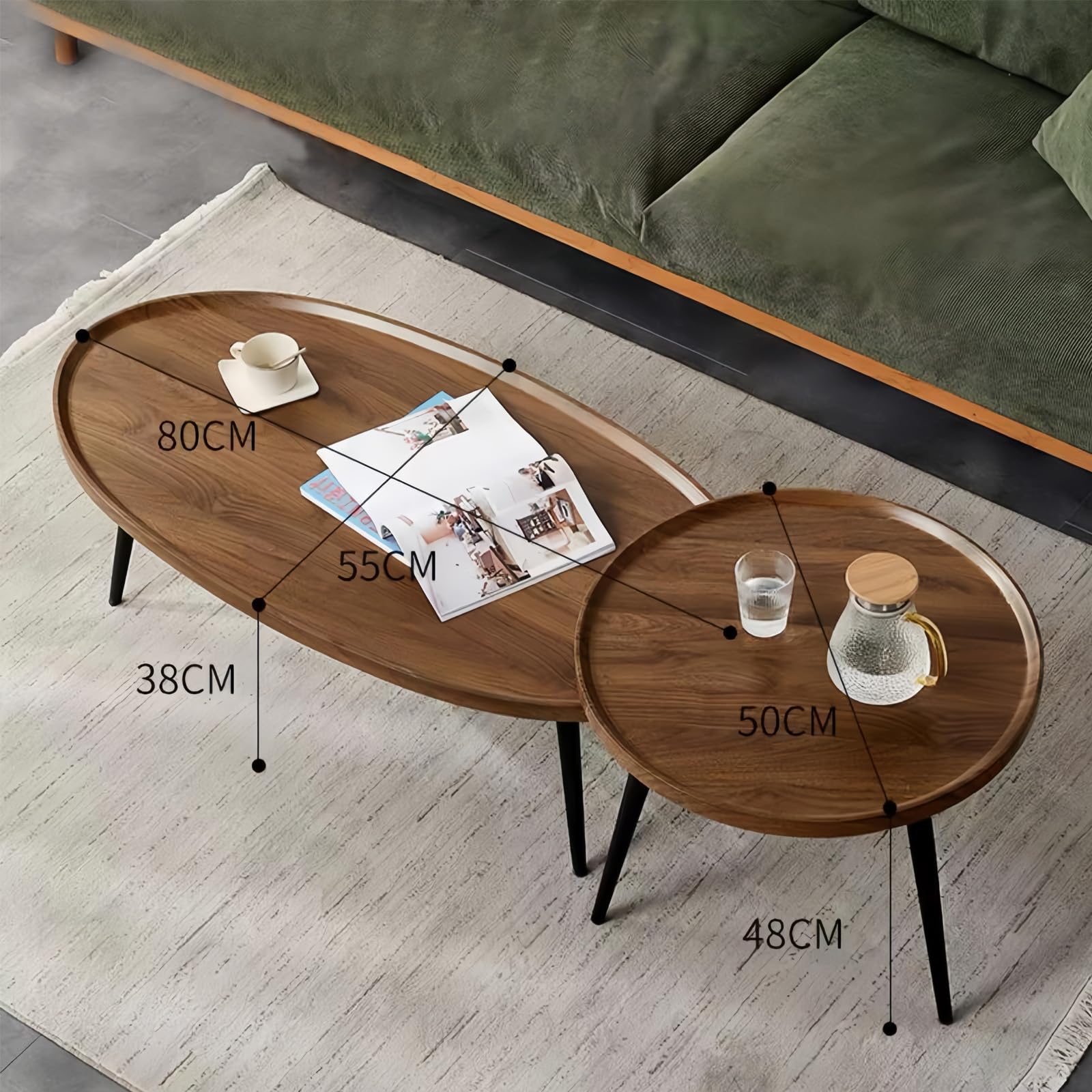 Modern Oval Nesting Coffee Table Set of 2 with Wood Legs - Walnut Finish Living Room, Bedroom & Office Accent Tables (31.5”+19.6”) - Perfect for Small Spaces, Conversation Areas & Home Decor