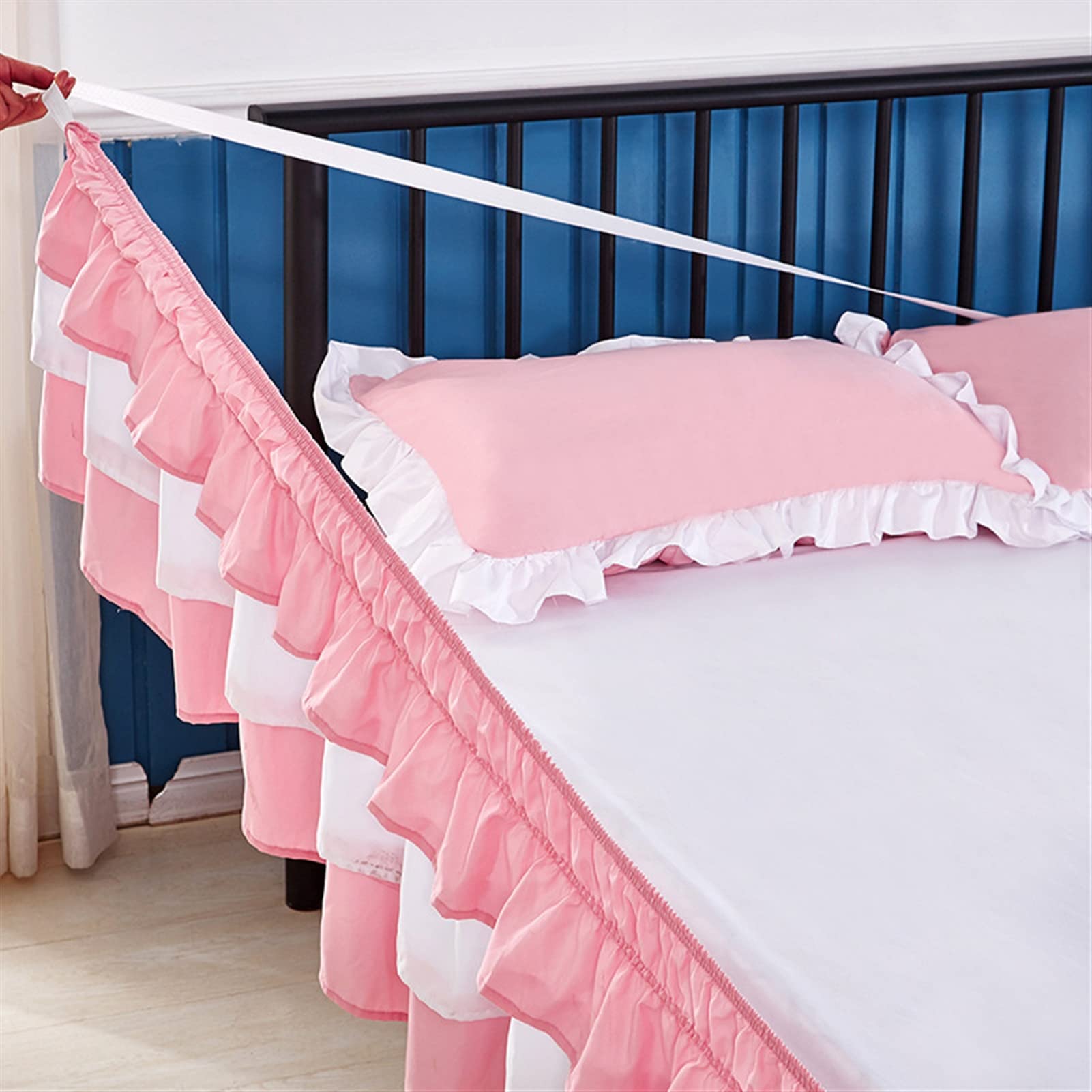 Liveinu Triple Layer Wrap Around Ruffled Bed Skirt - 15 Inch Drop, Elastic Dust Ruffle Bed Frame Cover for Twin, Queen, King & Full Size Beds (Yellow, Pink, Blue) - Perfect for Modern Bedrooms & Guest Room Decor