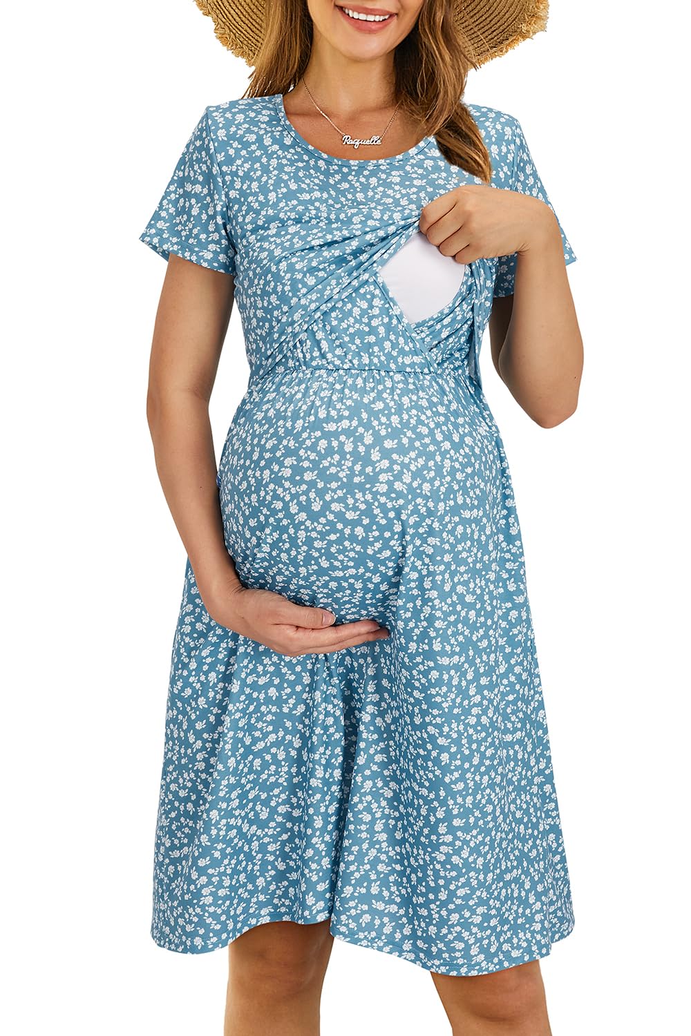 OUGES Women's 2025 Short Sleeve Floral Maternity Dress - Nursing Gown & Breastfeeding Clothes for Summer | Perfect for Pregnancy, Nursing, and Casual Outings