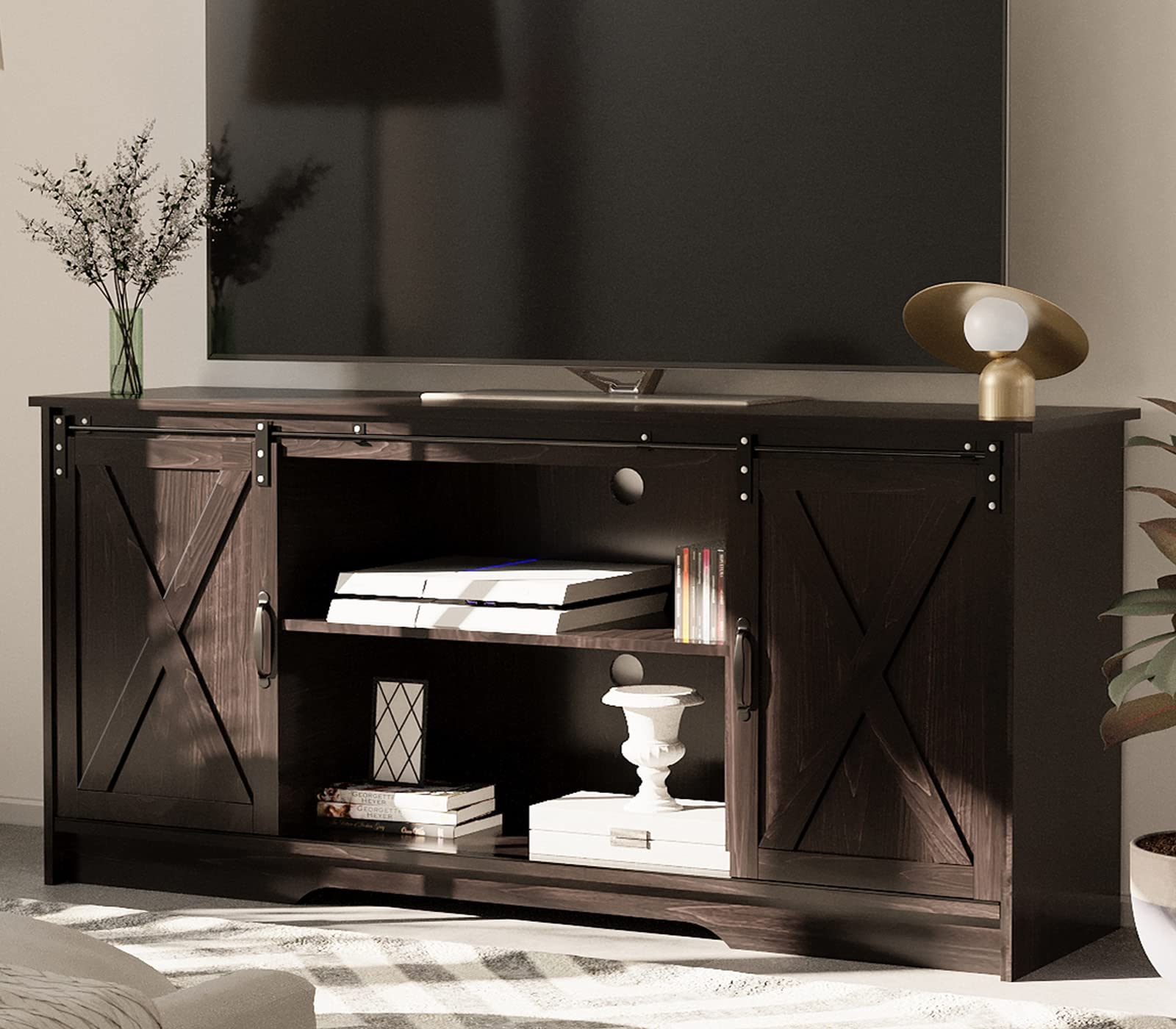 Farmhouse TV Stand with Sliding Barn Doors - 65 Inch Entertainment Center with Storage Cabinet, Classic Espresso Media Console for Living Room | Perfect for Home Theater Setup & Family Movie Nights