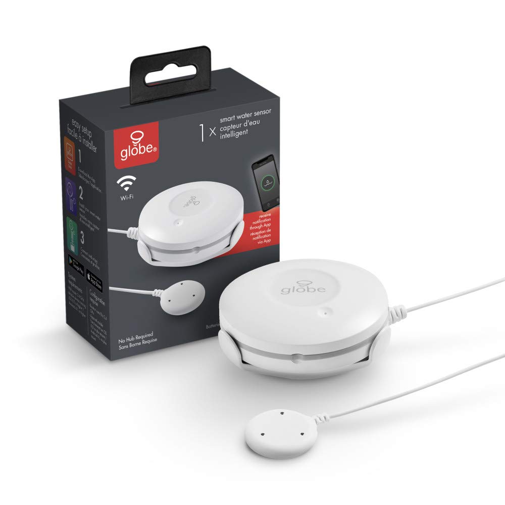 GLOBE Wi-Fi Smart Water Leak Detector - No Hub Required, Battery Powered, Wireless Water Sensor Alarm for Home & Basement - White (Model 50027) | Prevent Flood Damage & Protect Appliances