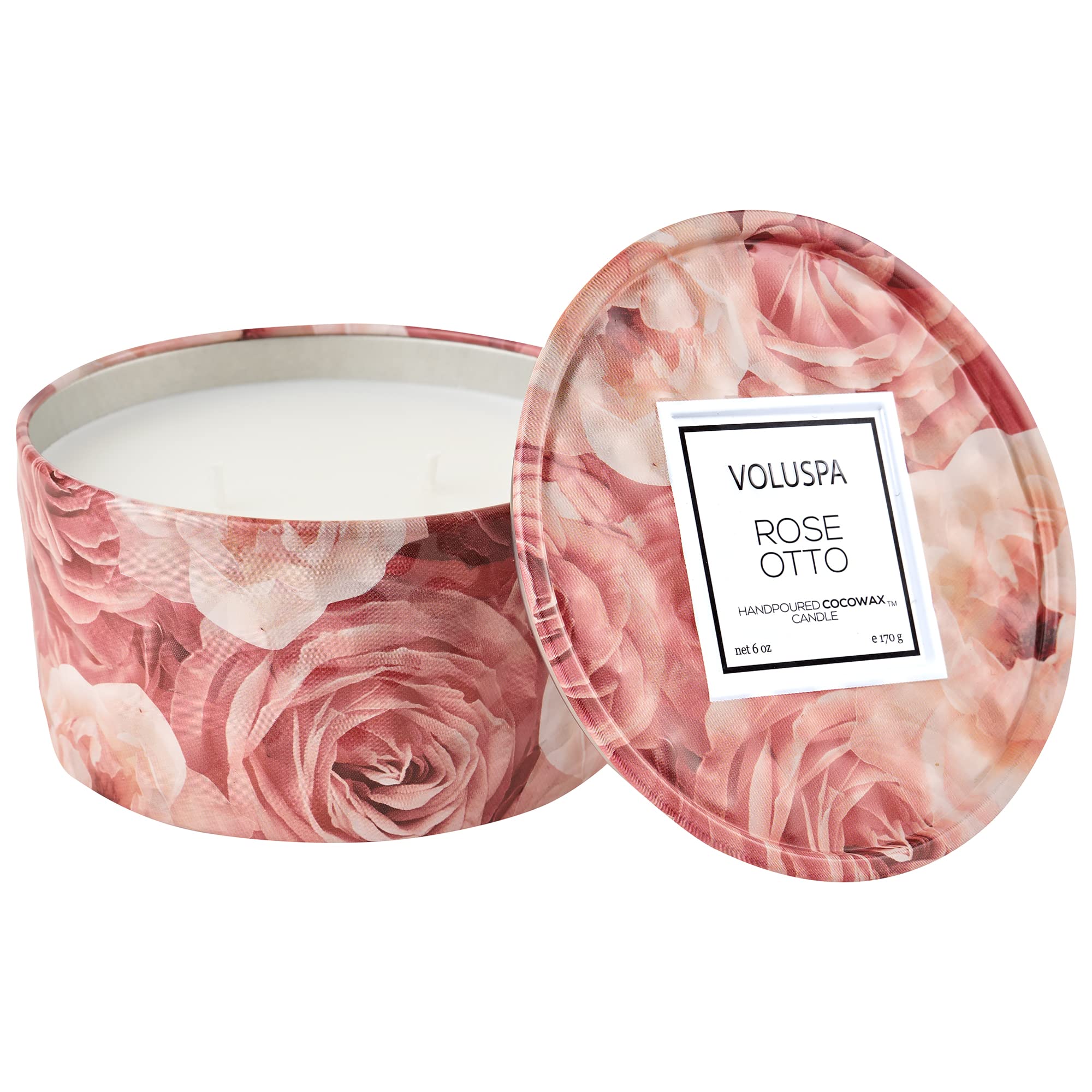 Voluspa Rose Otto 3-Wick Tin Candle - 6oz Coconut Wax Candle with 25-Hour Burn Time | Handcrafted in USA | Clean Burning Home Fragrance for Romantic Evenings & Spa Relaxation