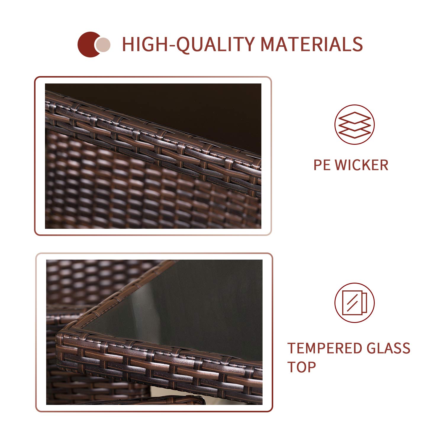 5-Piece Outdoor Patio Furniture Set - Square Wicker Dining Table with Tempered Glass Top & 4 Chairs, Umbrella Hole - Brown Rattan Garden Set for Backyard, Poolside or Terrace Dining