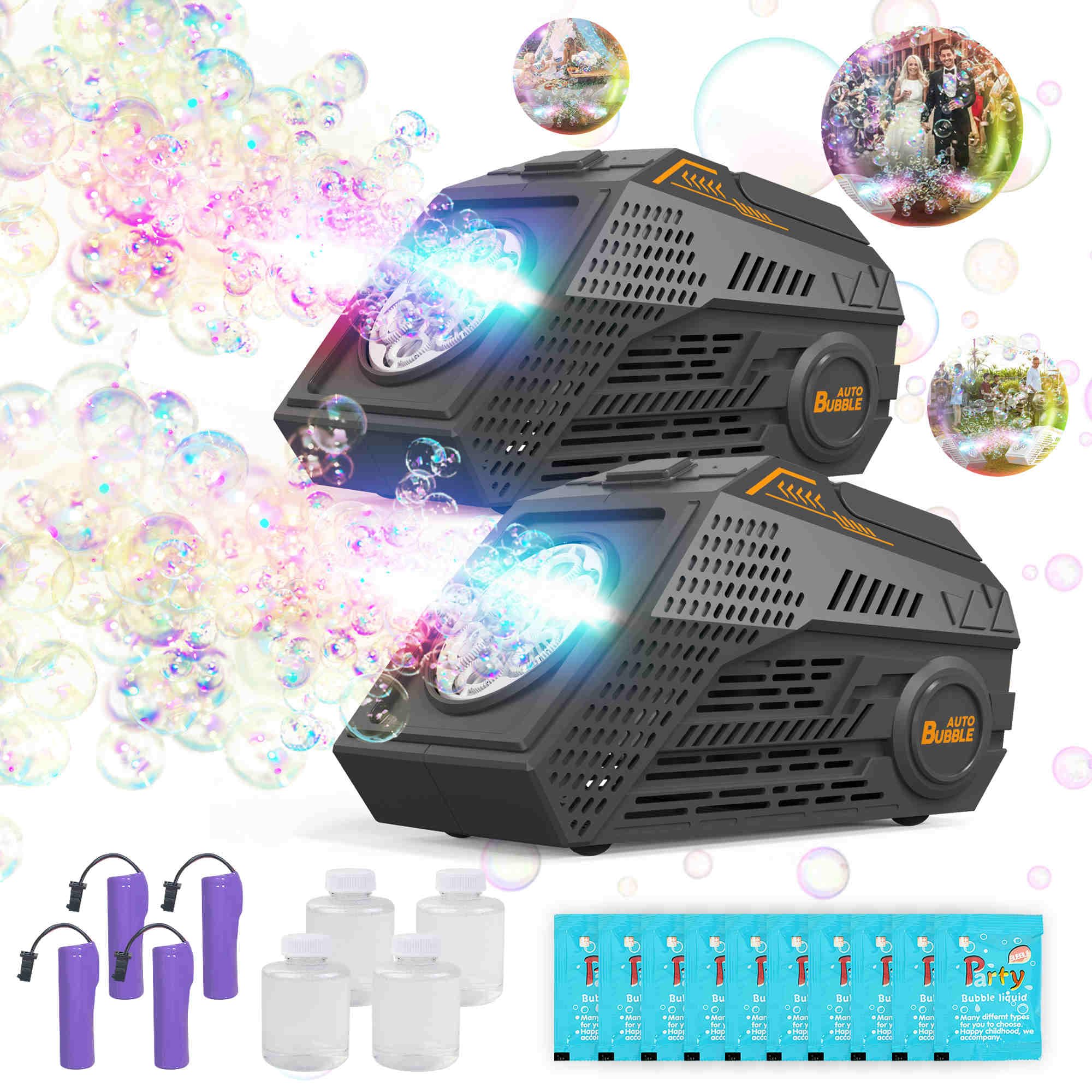 2-Pack Automatic Bubble Blower Machine with 4 Rechargeable Batteries - 20000+ Big Bubbles Per Minute for Kids Outdoor Play, Birthday Parties, Weddings & Summer Fun (Black) - Perfect for Backyard, Park, and Beach Activities