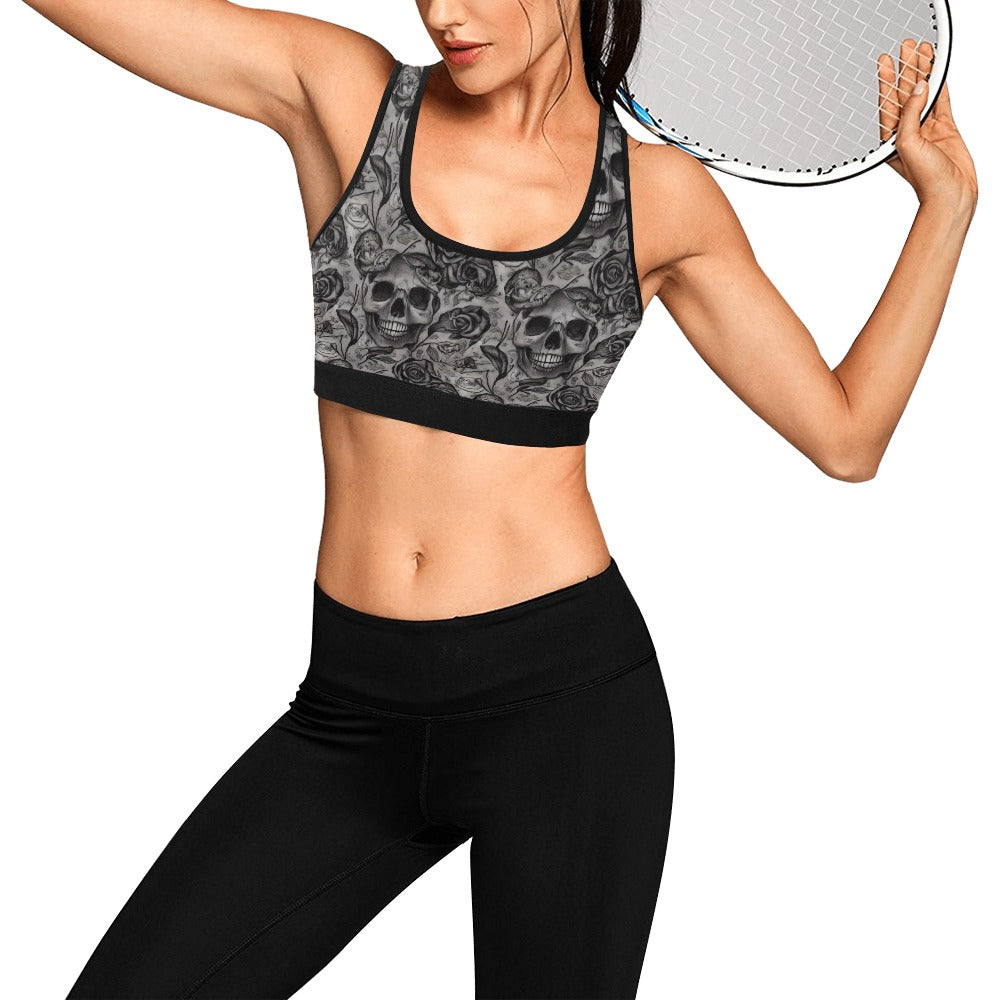 Gray Skull and Rose Print Sports Bra for Women - High Support Workout Top for Yoga, Running & Gym