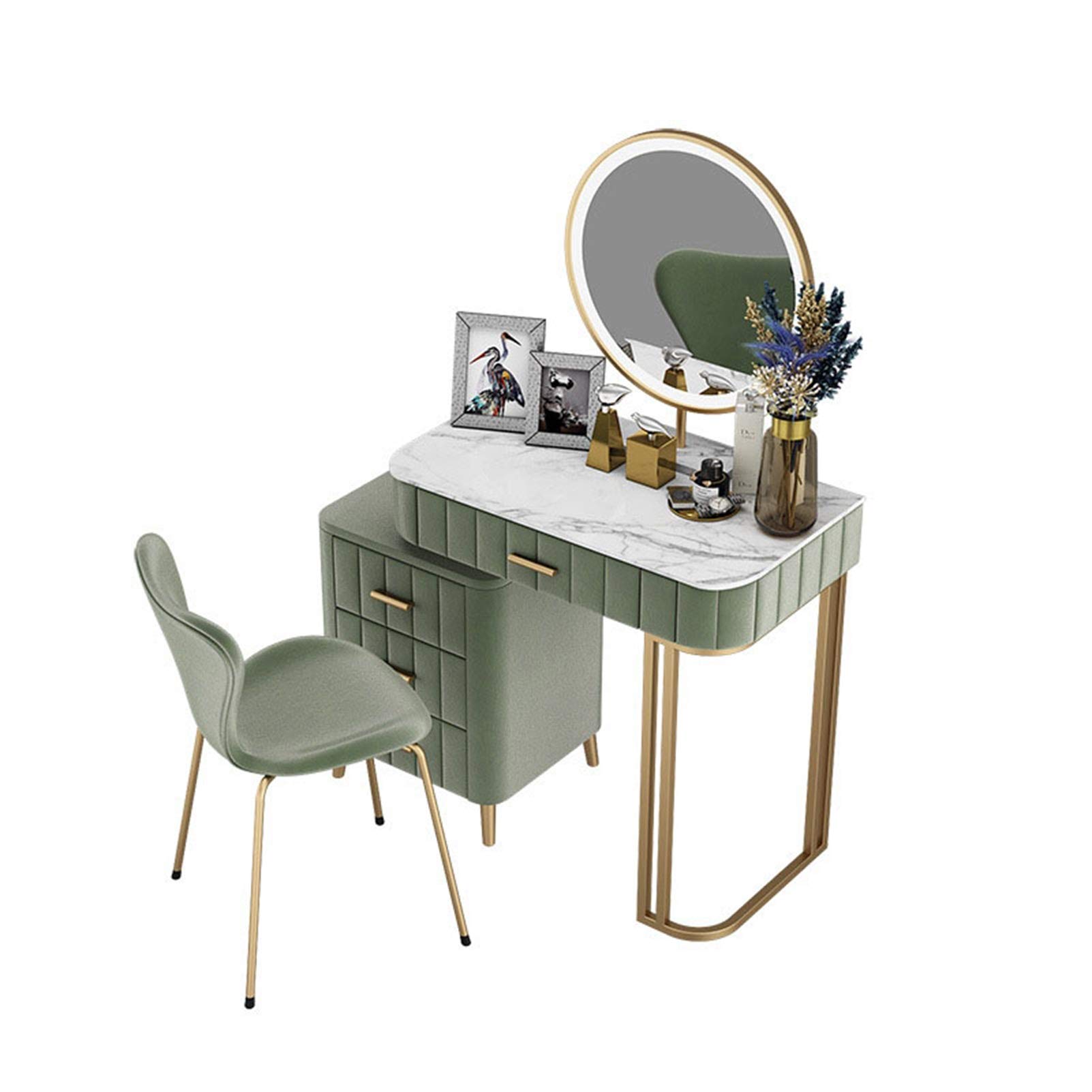Vanity Set with Mirror & Built-in 3-Way Lighting, Flannel Cushioned Stool, Removable Lockers & 4 Drawers Makeup Vanity Desk - Marble Top Dressing Table (Gray/Green/Pink) for Bedroom, Salon & Bridal Makeup