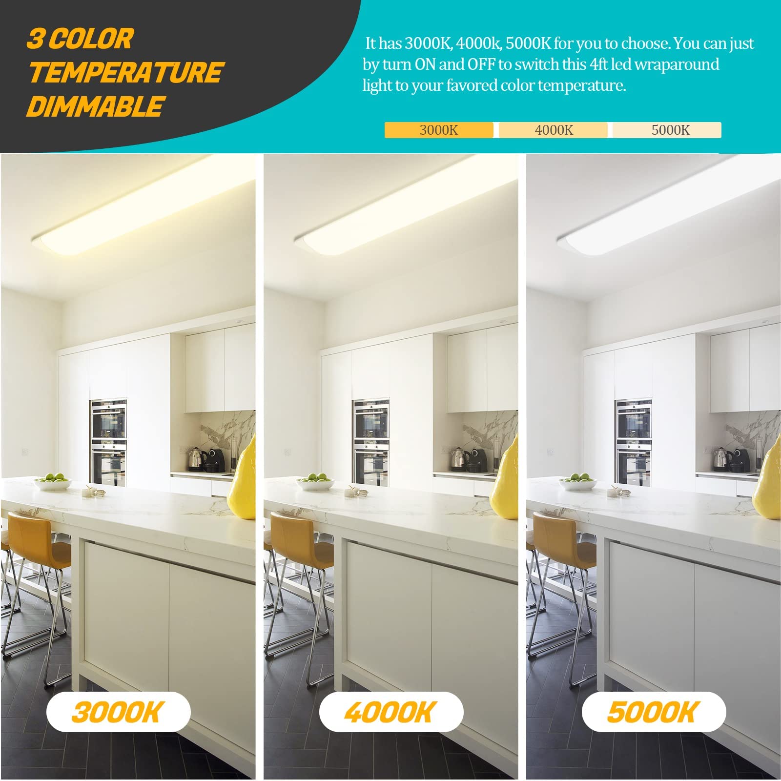 ANTLUX 4FT LED Wraparound Flush Mount Ceiling Light, 50W 5500LM Dimmable with 3 Color Temperatures, 48 Inch Energy Efficient LED Fixture for Kitchen, Laundry Room, Office, Garage and Basement Lighting - White