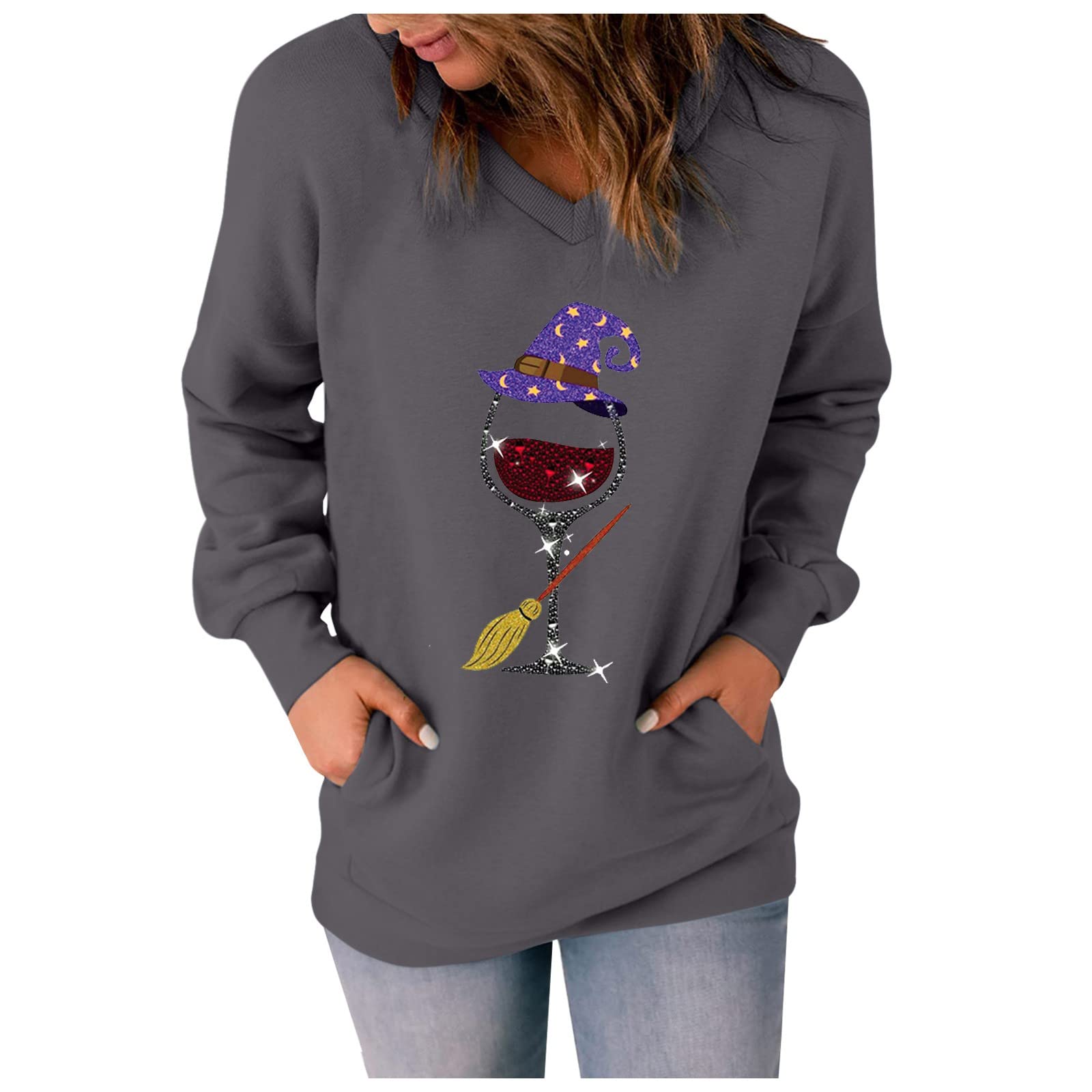 Happy Halloween Women's V-Neck Pullover Sweatshirt with Pocket - Long Sleeve Fall Shirt for Pumpkin Carving, Trick or Treating & Cozy Autumn Outfits