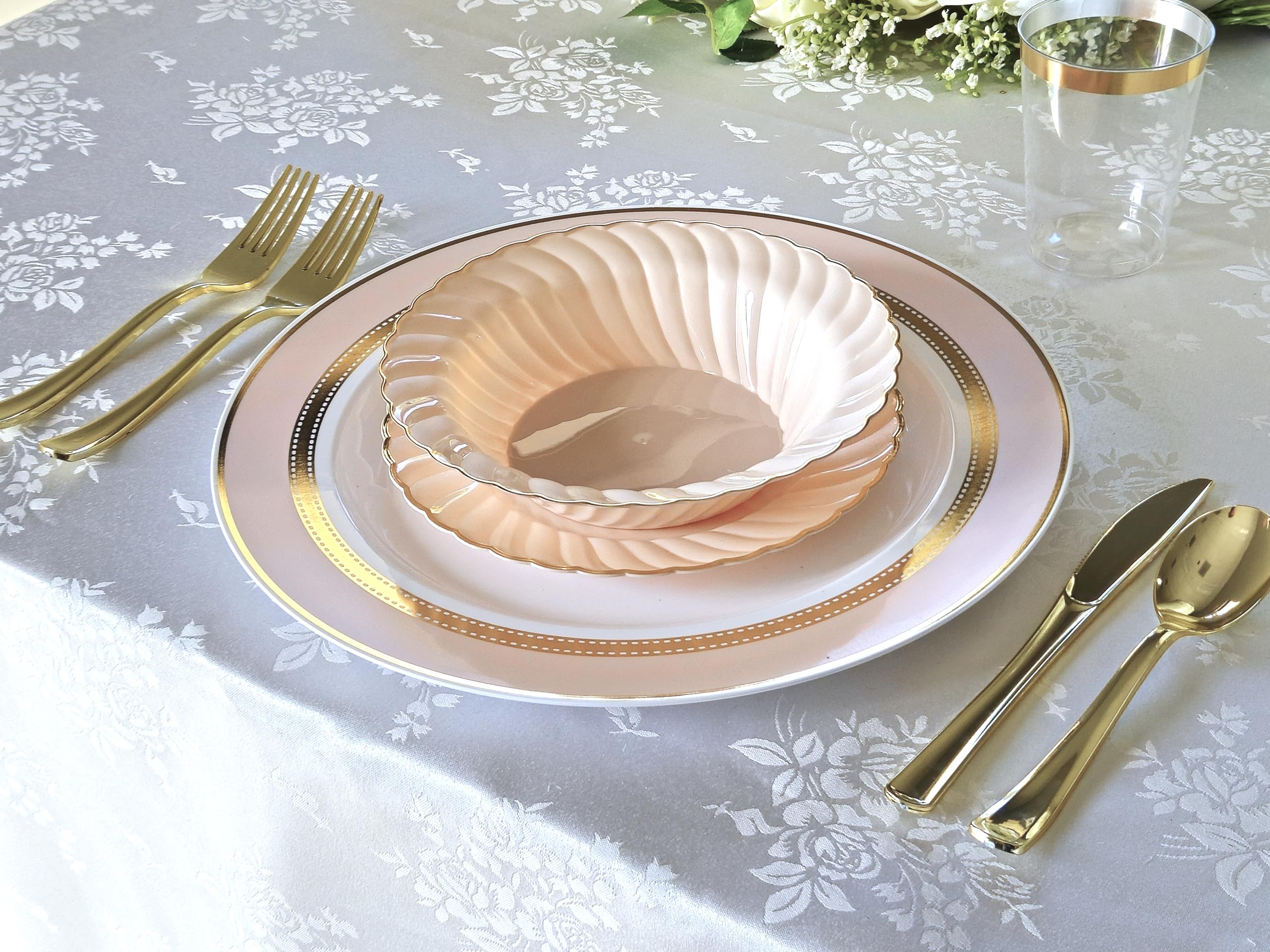 240 Heavyweight Disposable Plastic Plates - 14 oz Soup Bowls for Weddings & Parties (Ritz Blush & Gold) | Elegant Dinnerware for Catering, Events & Special Occasions