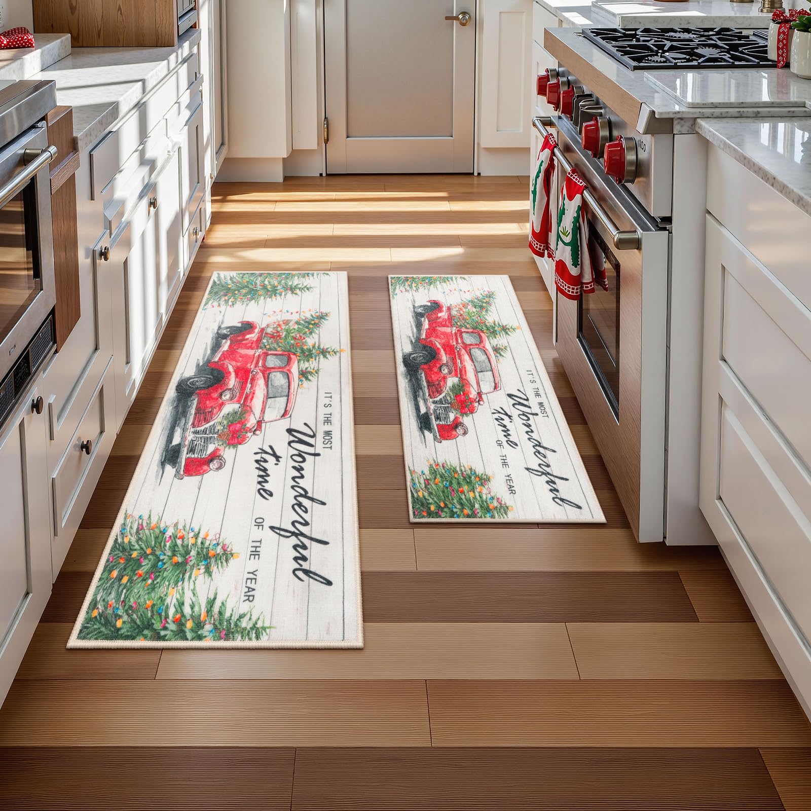 LEEVAN Christmas Kitchen Mat Set of 2 - Non-Slip Cushioned Holiday Rugs with Christmas Tree Truck Design, Washable Anti-Fatigue Floor Mats for Winter - Perfect for Kitchen, Entryway, and Holiday Decor