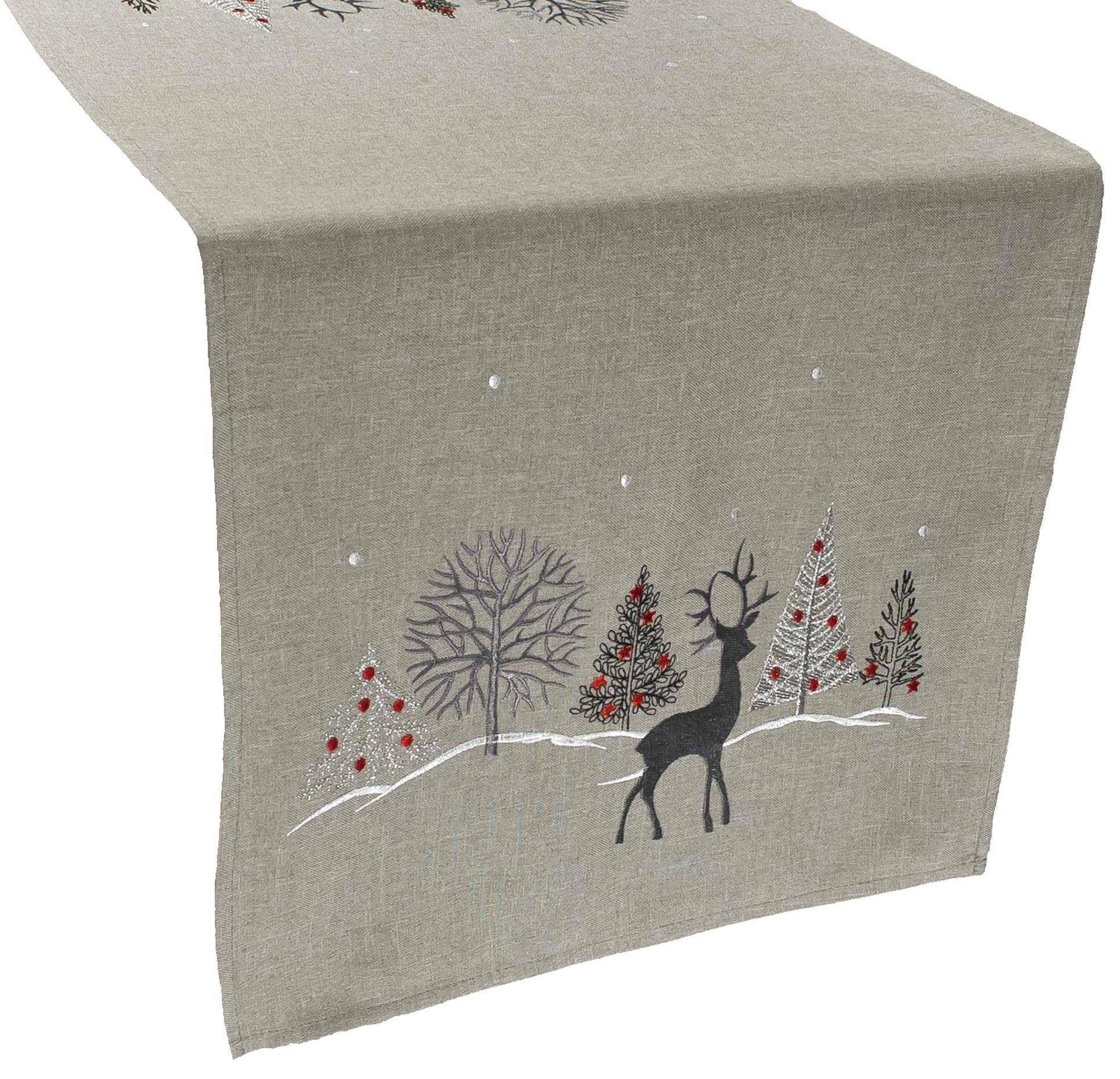 Embroidered Holiday Reindeer Christmas Table Runner - Gray Rectangle Dresser Scarf 16x33 Inches for Festive Dining & Holiday Decor