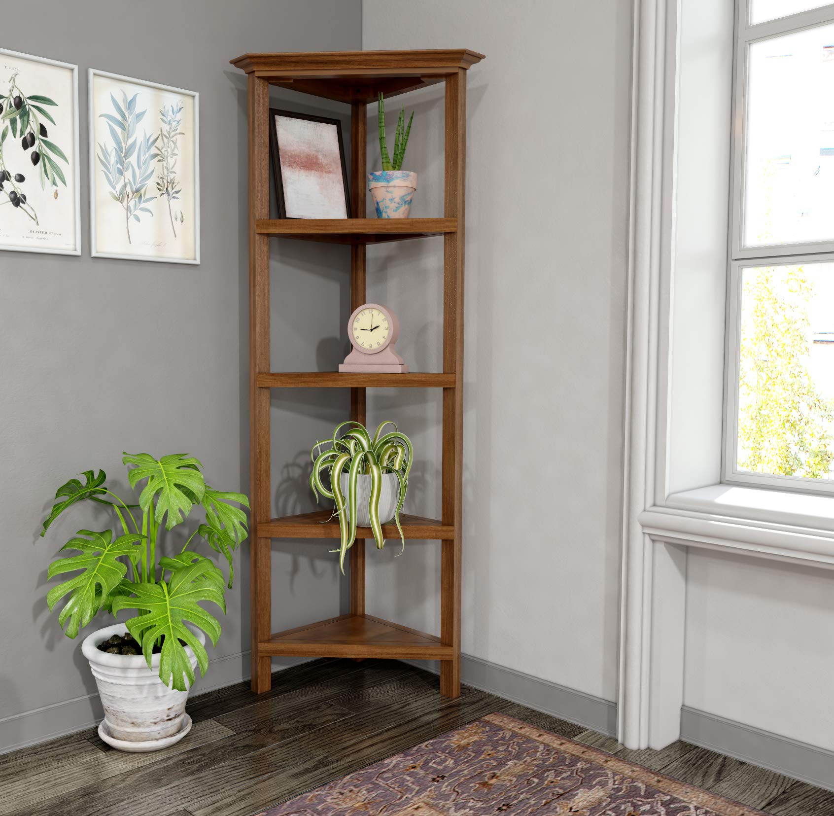 NewRidge Home Walnut Corner Bookcase - Modern Wood Bookshelf for Living Room, Bedroom & Office - Space-Saving Storage Solution for Books & Decor
