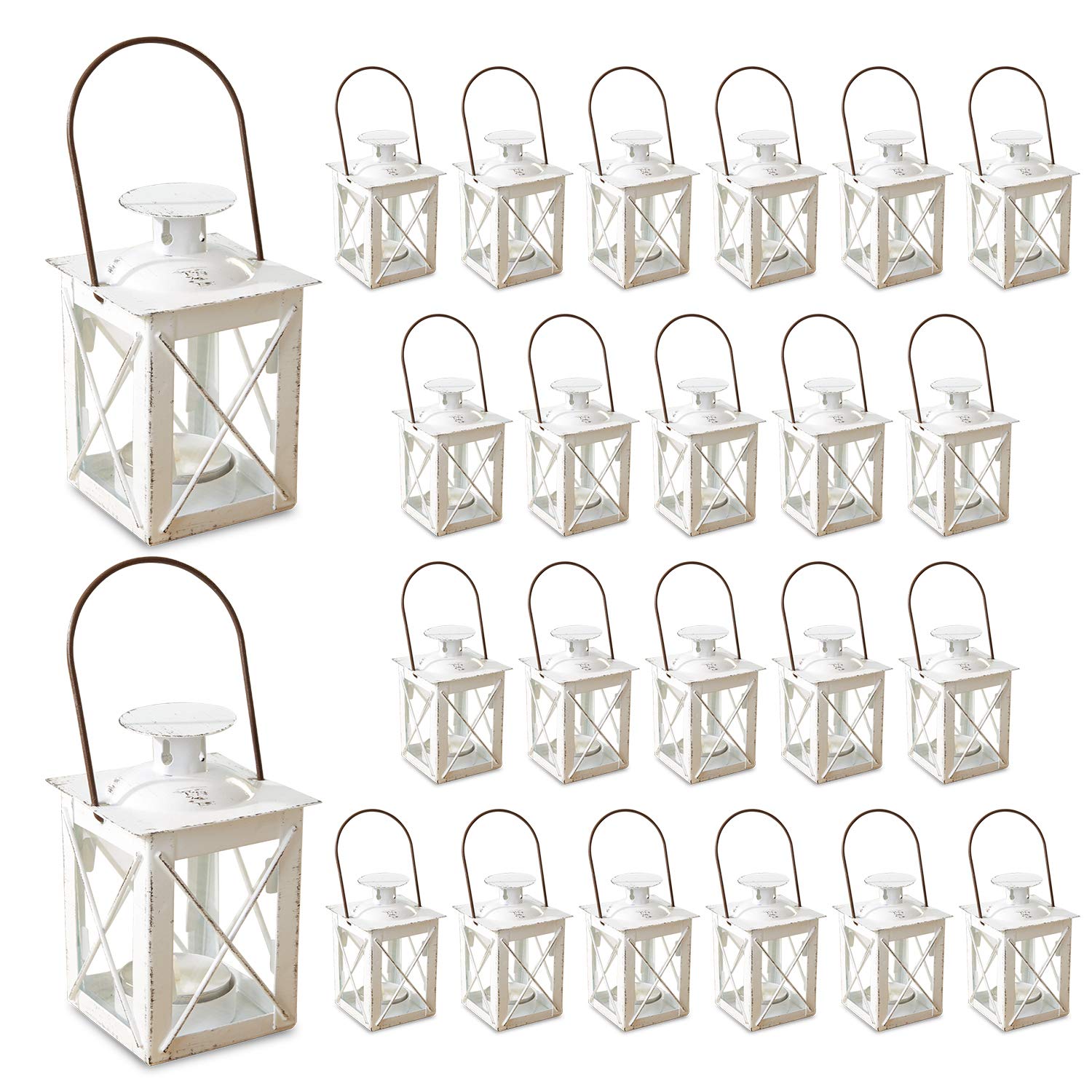 Kate Aspen Decorative Lanterns - Set of 24 White Distressed Metal Candle Holders for Wedding Centerpieces, Home Decor, Party & Outdoor Lighting - 4.5