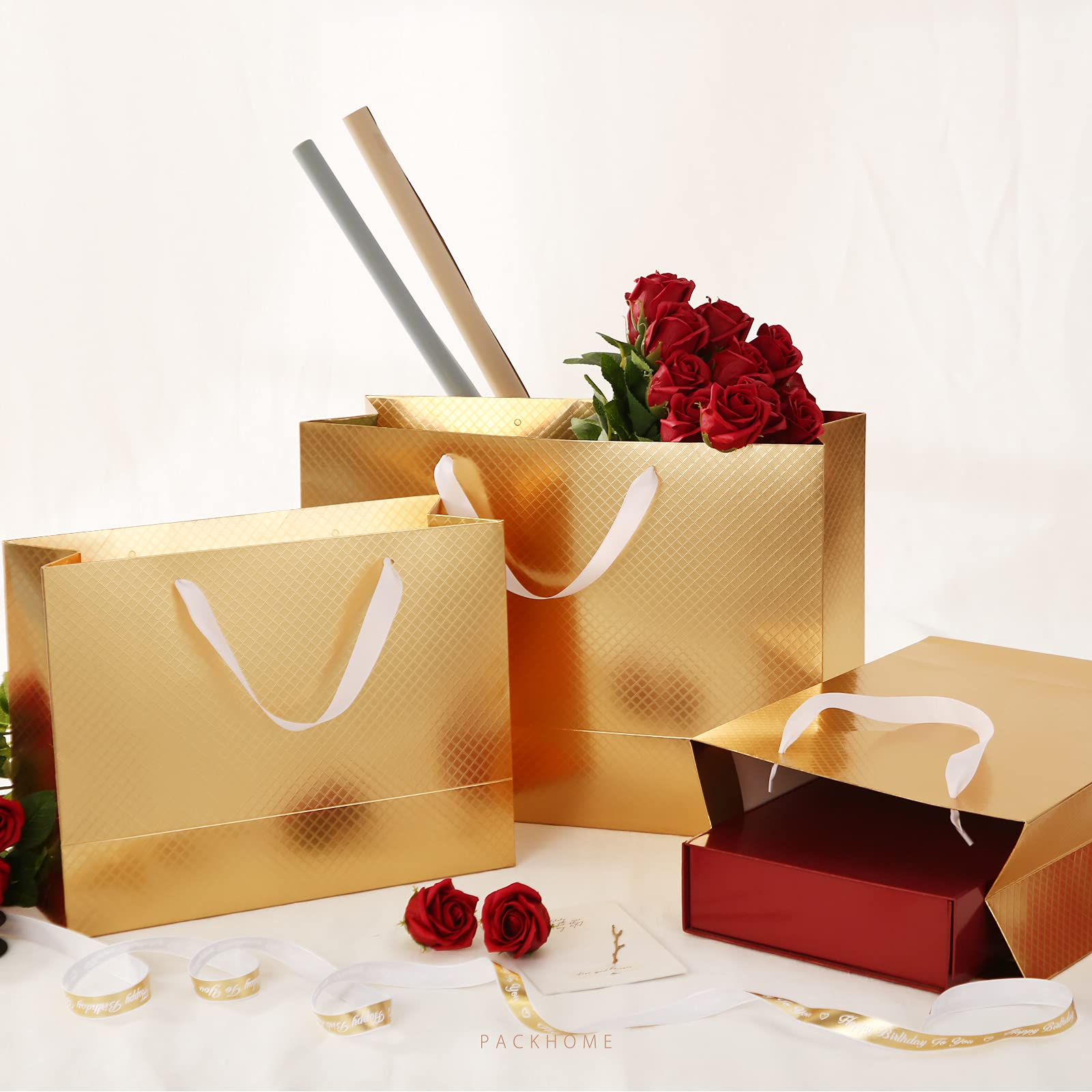 Premium Gold Gift Bags with Handles - 12 Pack 13x5x10 Inch Large Glossy Lattice Texture Gift Bags for Birthdays, Weddings, Christmas & Party Favors - Elegant Gift Packaging for Any Occasion