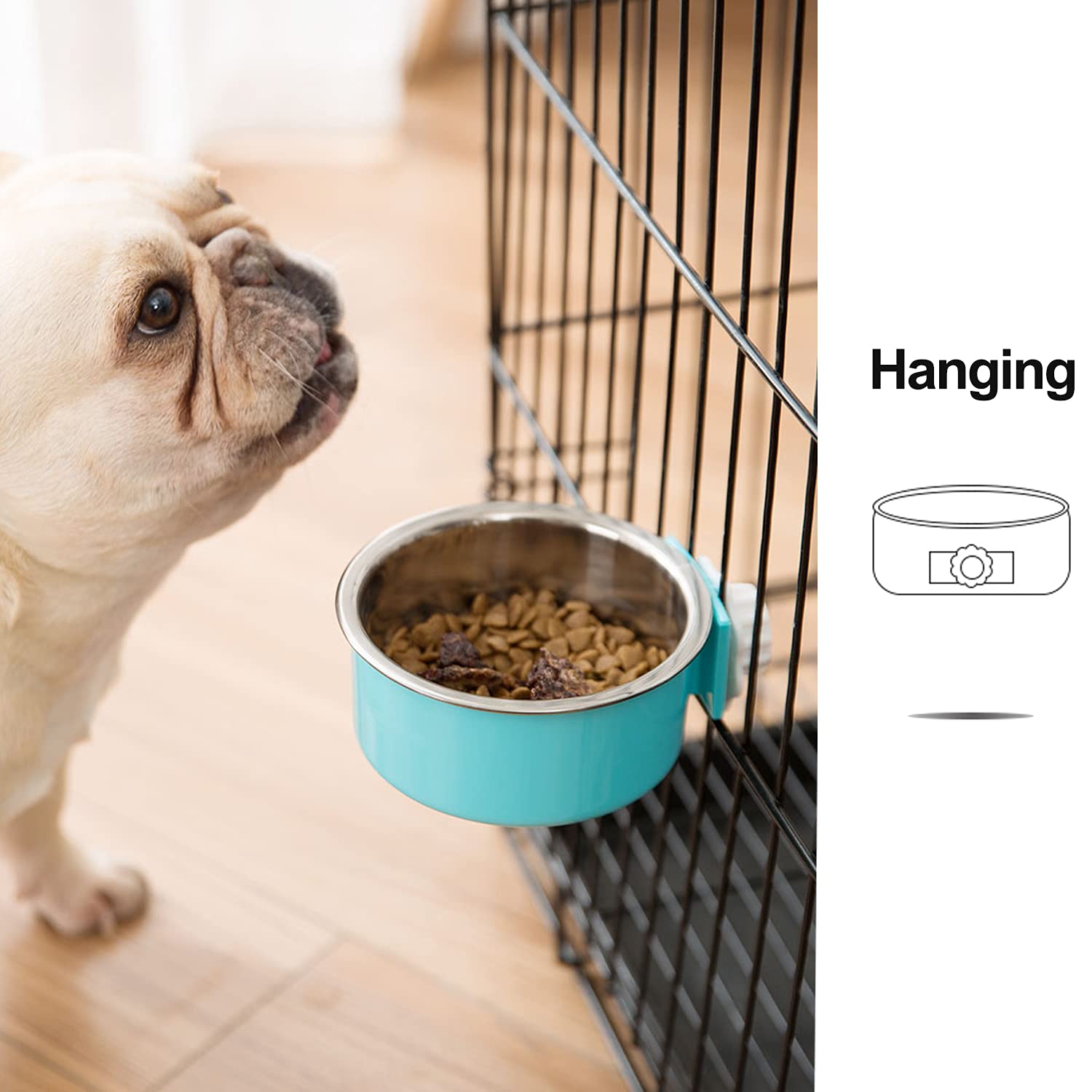 2 Pack Removable Stainless Steel Hanging Pet Bowl - Durable Dog Cat Food Water Feeder for Kennel, Cage, Coop - Perfect for Puppies, Medium Dogs, Rabbits, Ferrets & Birds (Blue & Green) - Ideal for Travel, Camping & Home Use