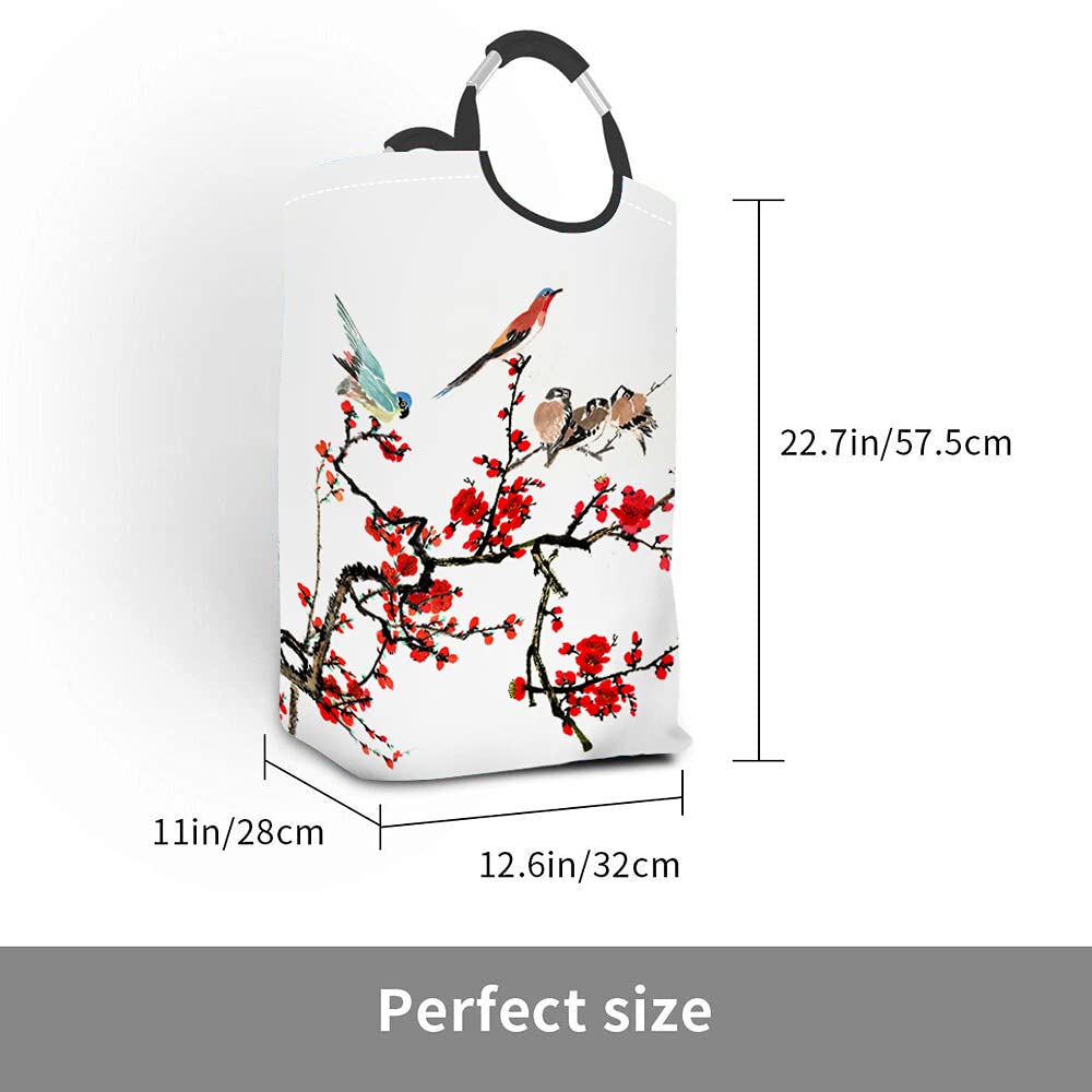 Wondertify Chinese Style Laundry Hamper - Plum Blossom & Bird Design Clothes Basket with Handles for Bedroom, Nursery, or Dorm Organization - Perfect for Clothes, Toys, and Storage