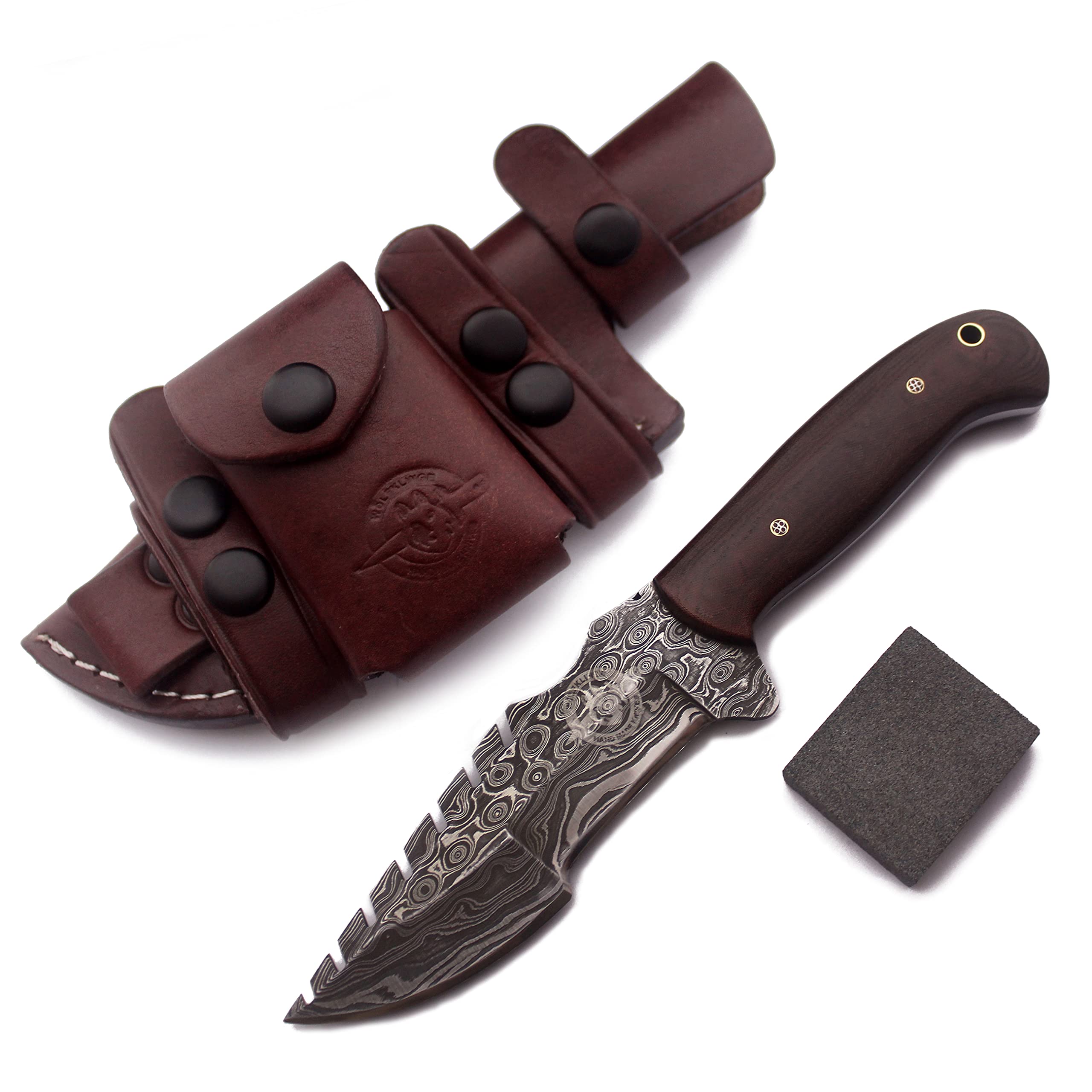 Premium Damascus Steel Tracker Knife - Handmade Fixed Blade Hunting Knife with G10 Handle & Cowhide Leather Sheath - Includes Sharpening Stone - Ideal for EDC, Hunting, Bushcraft, Camping (SAW BACK-38 BROWN)