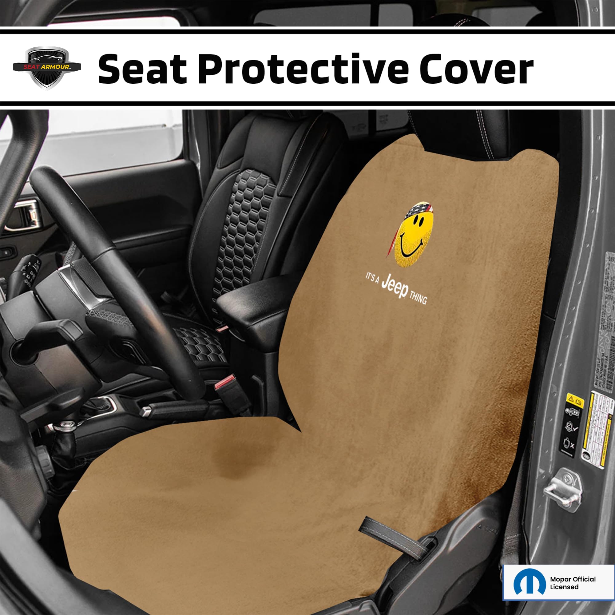 Jeep Smiley Face Seat Protector Towel - Soft Machine Washable Car Seat Cover - Easy to Install Multipurpose Seat Towel for Jeep Wrangler & SUVs - Tan - Perfect for Off-Roading, Camping & Daily Commute