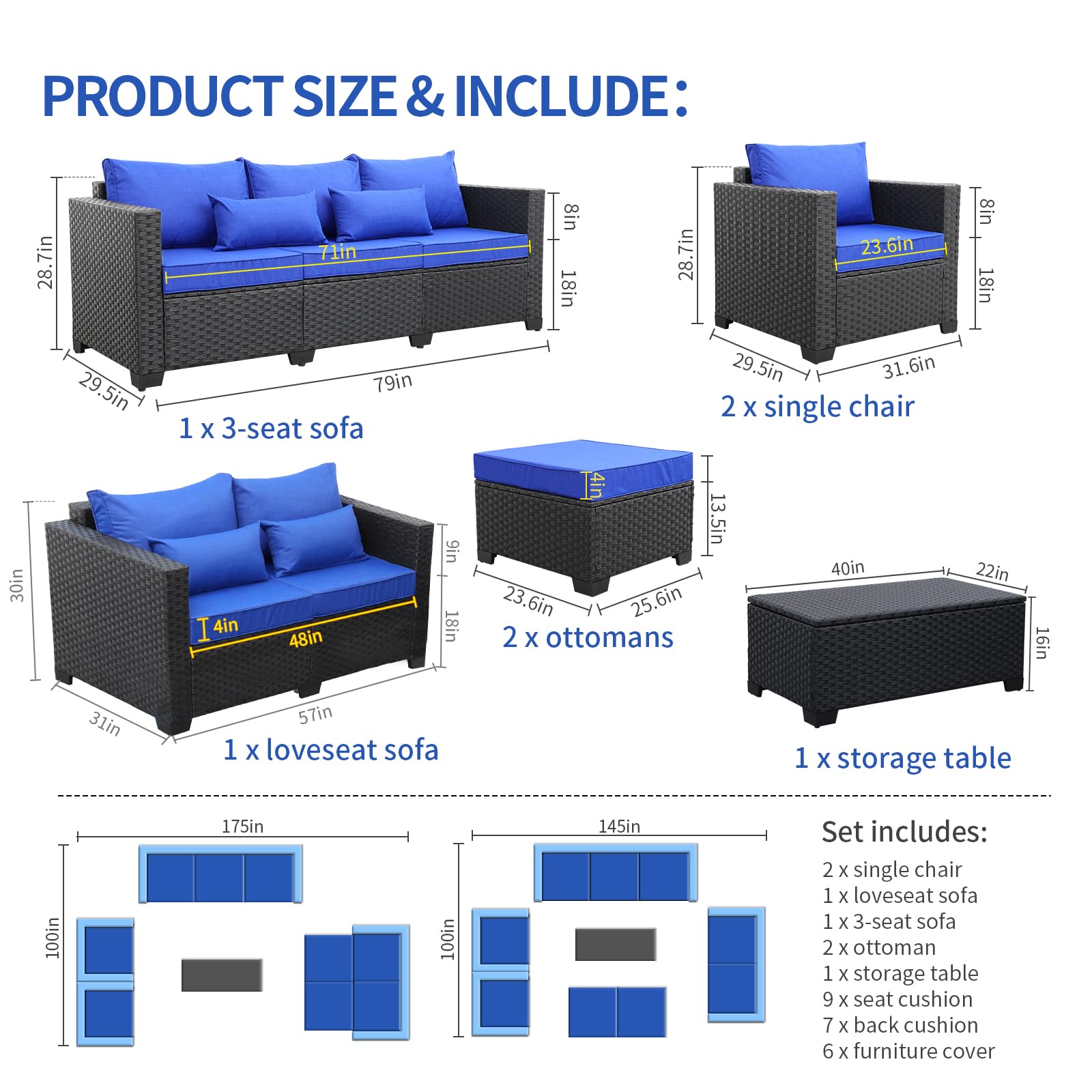7-Piece Black Wicker Patio Furniture Set - Outdoor Rattan Conversation Sofa with Royal Blue Cushions & Covers - Perfect for Garden, Poolside & Backyard Relaxation