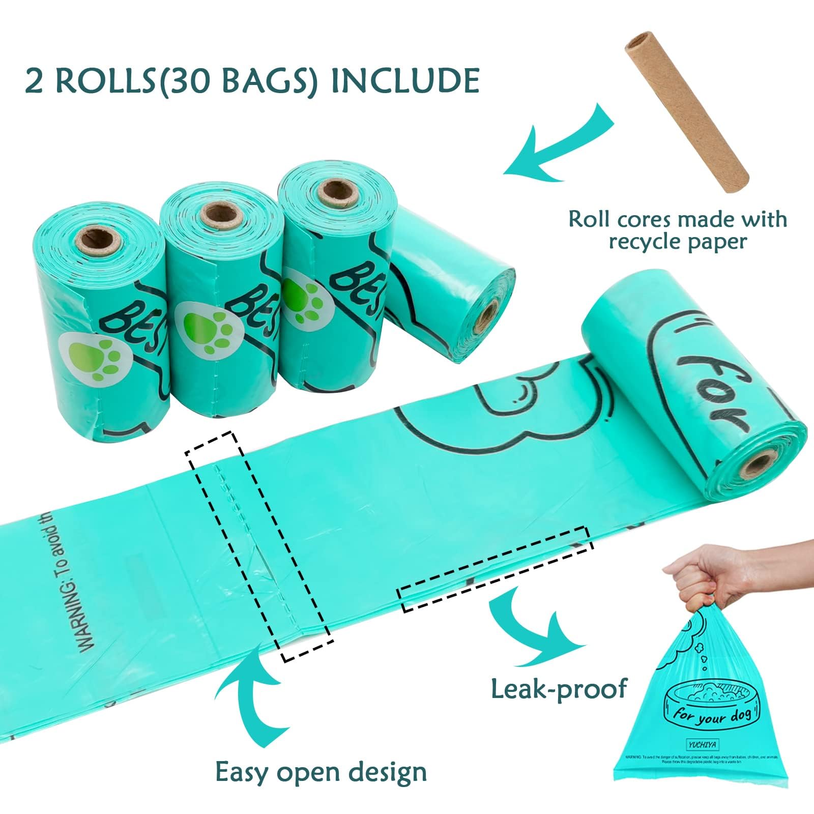 LED Flashlight Dog Poop Bags Holder - Leash Attachable Pet Waste Bag Dispenser with Leak-Proof Trash Bags (2 Holders + 30 Bags, Crystal Blue) - Perfect for Night Walks, Park Visits & Outdoor Adventures with Your Dog