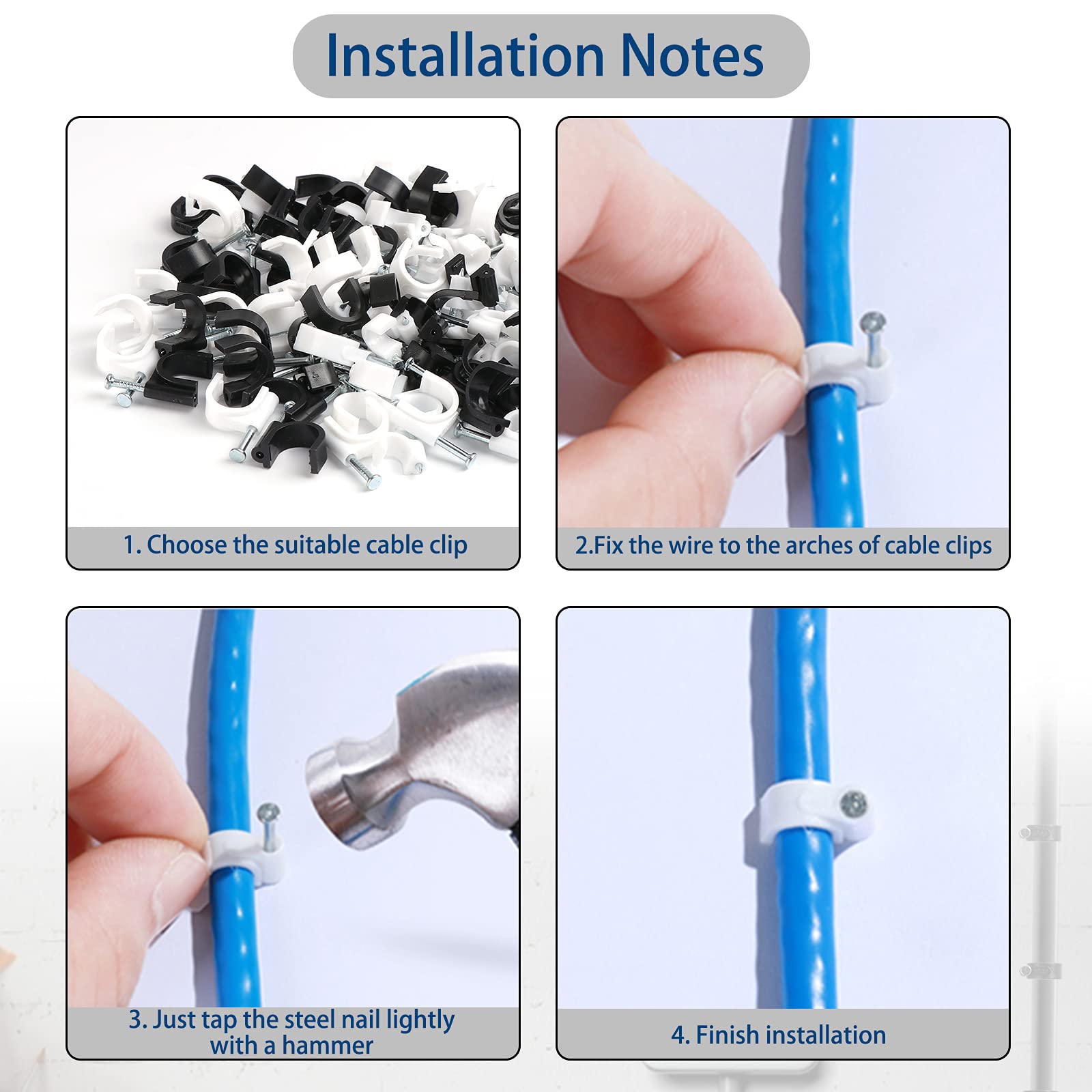Fippy 600 Pack Round Coaxial Cable Clips 4mm 5mm 6mm 7mm 8mm 10mm 12mm for Nail Cable, RG6, RG59, CAT6, RJ45 & Other Cables - Perfect for Home Theater, CCTV & Network Cable Management