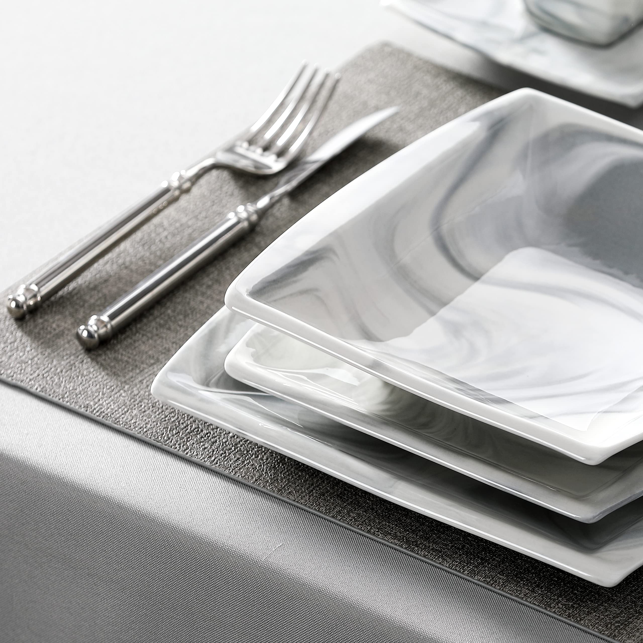 MALACASA 30-Piece Porcelain Dinnerware Set for 6 - Square Plates, Bowls, Cups & Saucers | Modern Microwave Safe Dish Set in Marble Grey (Series Blance) - Perfect for Family Dinners, Entertaining Guests & Everyday Use