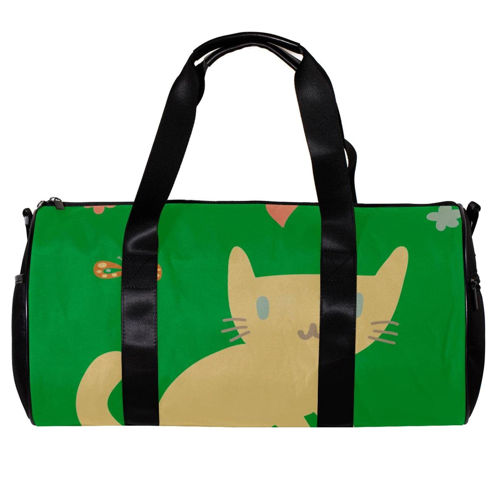 Stylish Gym Duffle Bag for Men & Women - Waterproof Overnight Weekender Travel Bag with Little Cat Cartoon Design in Green - Perfect for Workouts, Travel, and Weekend Getaways