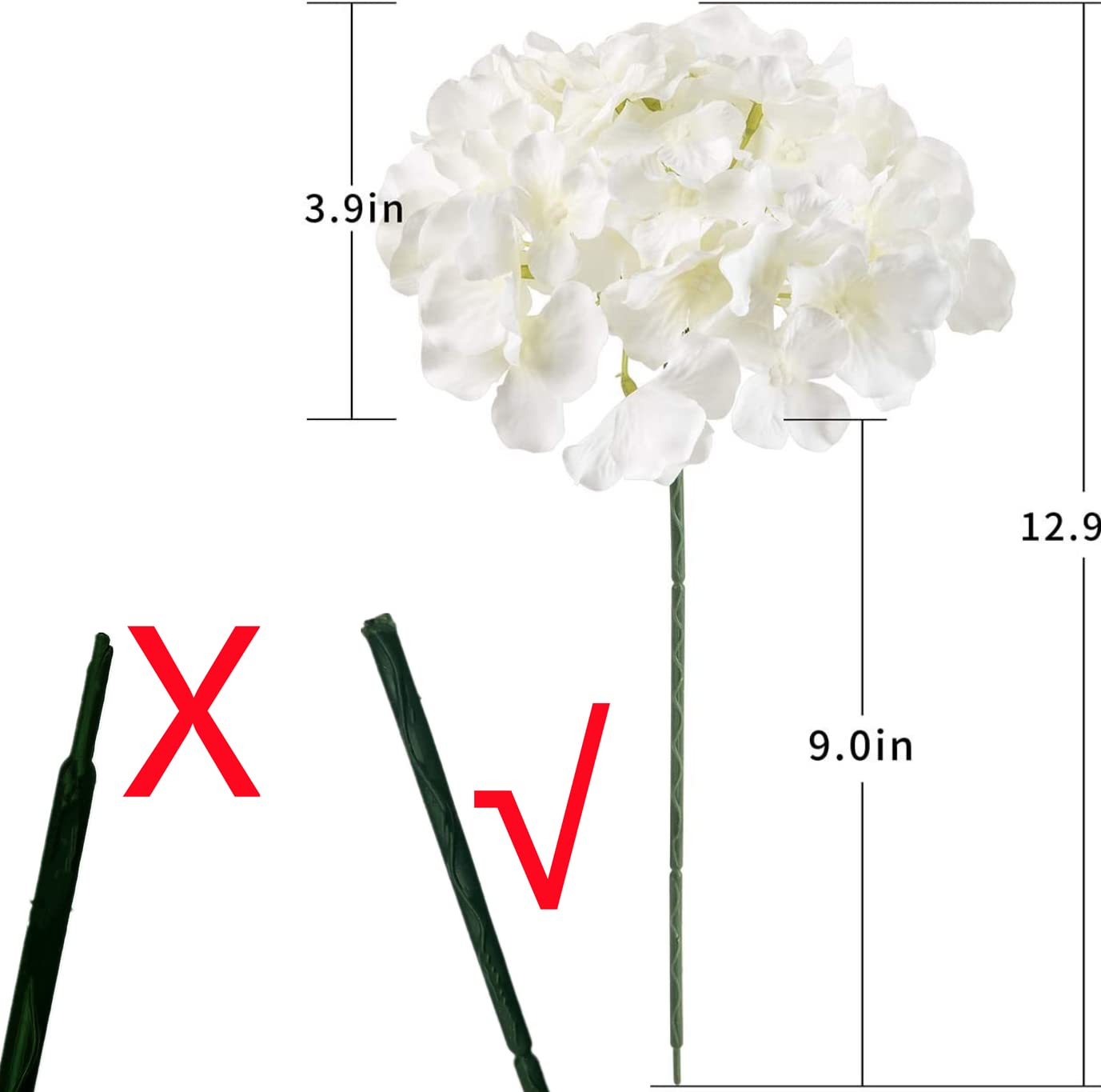 10pcs Artificial Hydrangea Silk Flower Heads with Stems - Realistic White Fake Flowers for Wedding Decor, Home Party, Baby Shower, Centerpieces & DIY Floral Arrangements